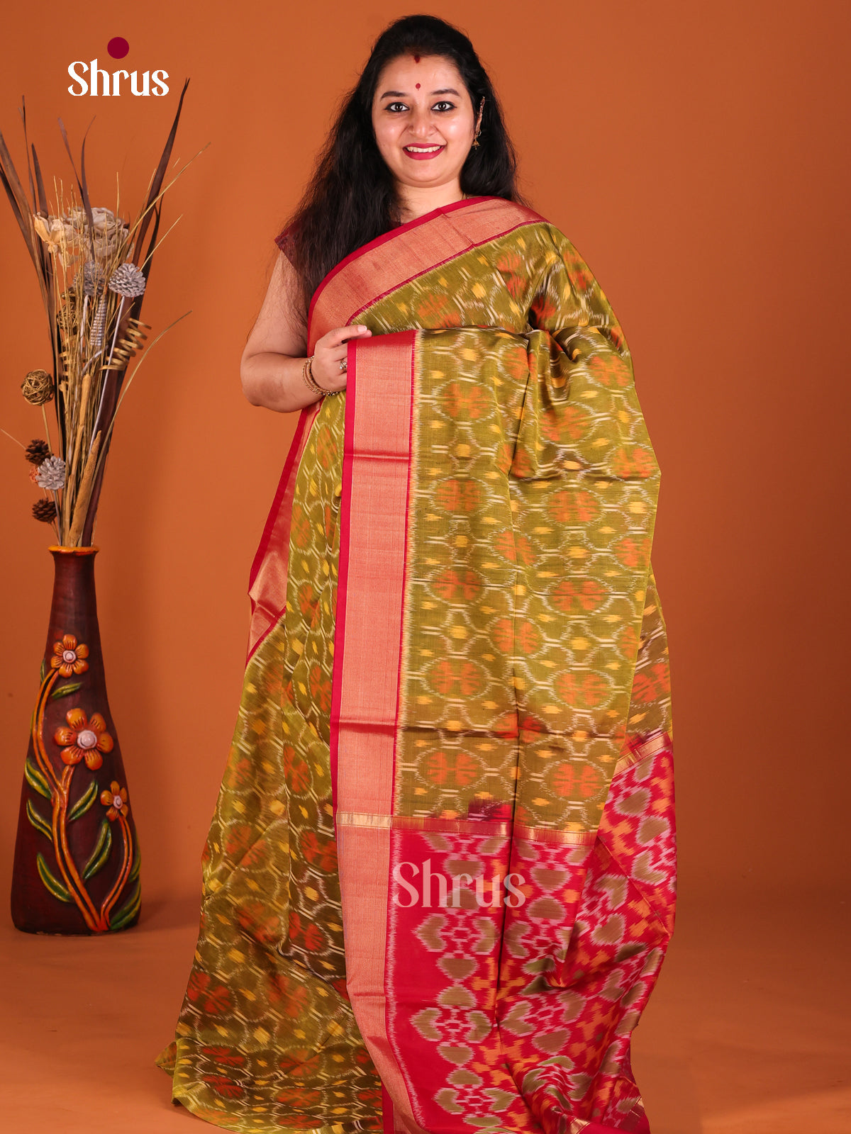 Mustardy Green & Red - Pochampally ikkat silk cotton saree