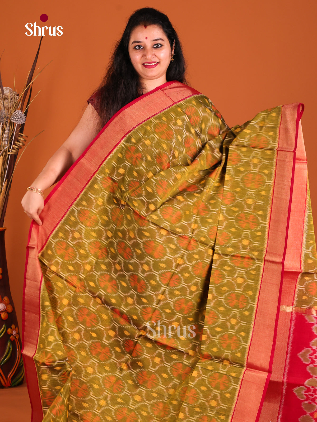 Mustardy Green & Red - Pochampally ikkat silk cotton saree -1