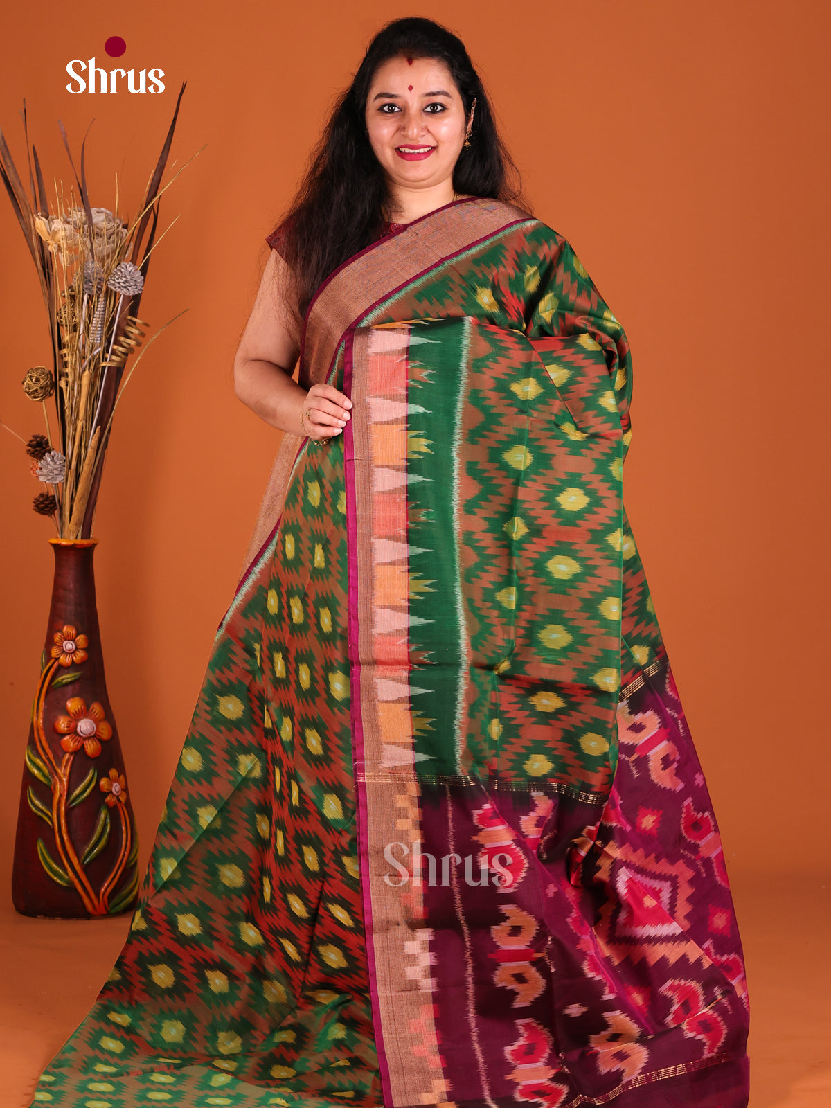 Green & Maroon- Pochampally sico Saree ikkat silk cotton