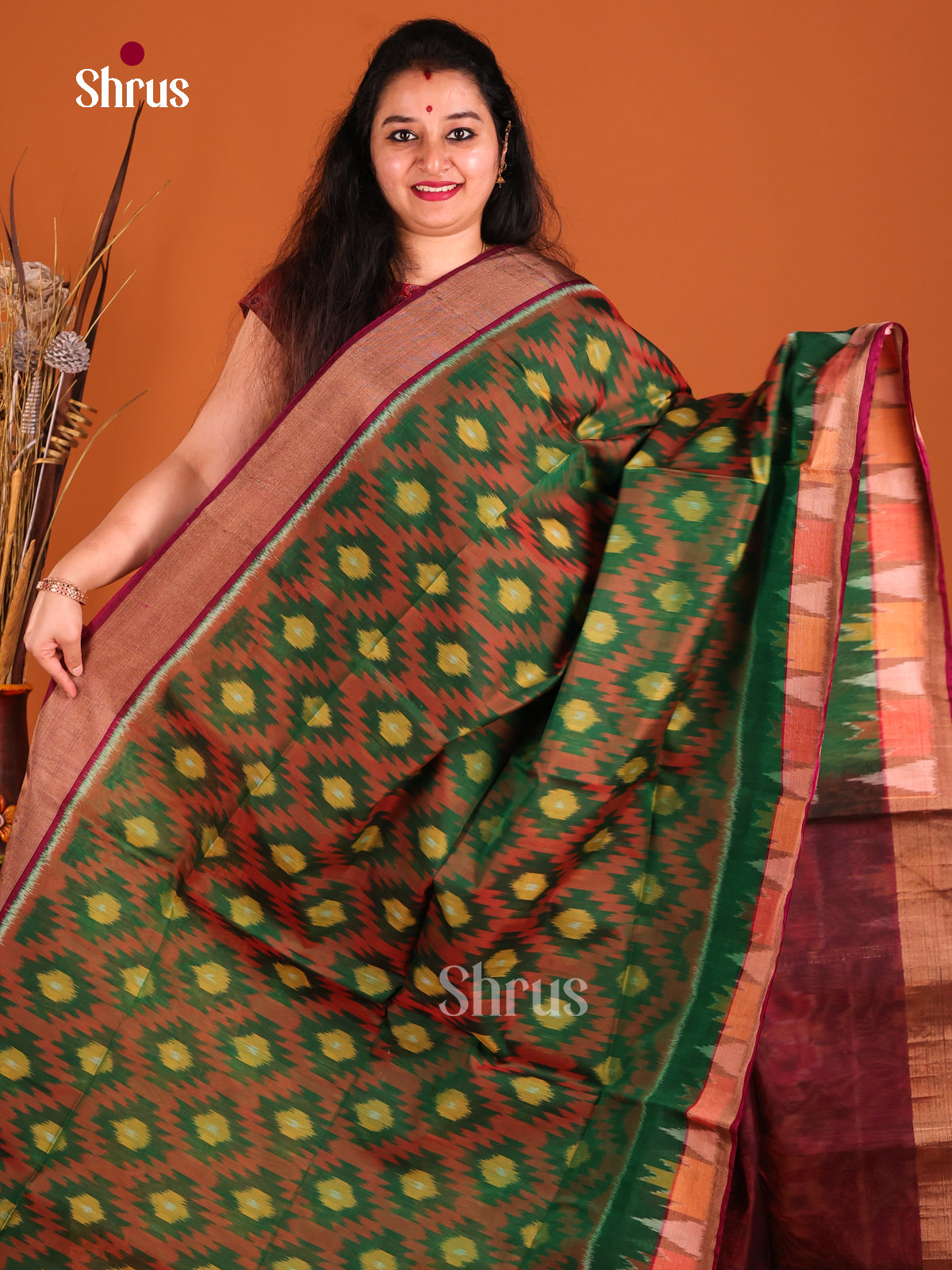 Green & Maroon- Pochampally sico Saree ikkat silk cotton -1