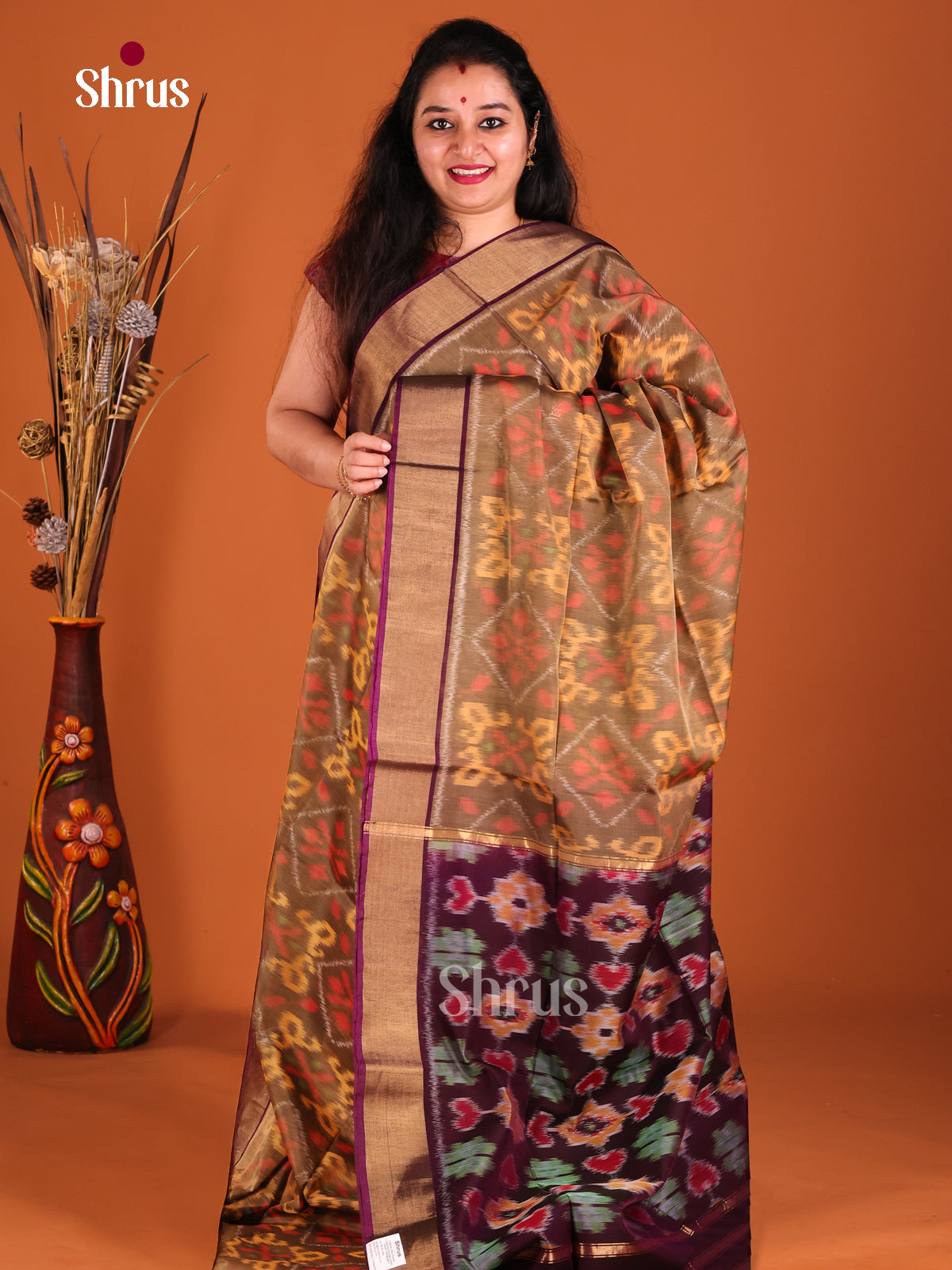 Chikoo & Maroon- Pochampally ikkat silk cotton Saree