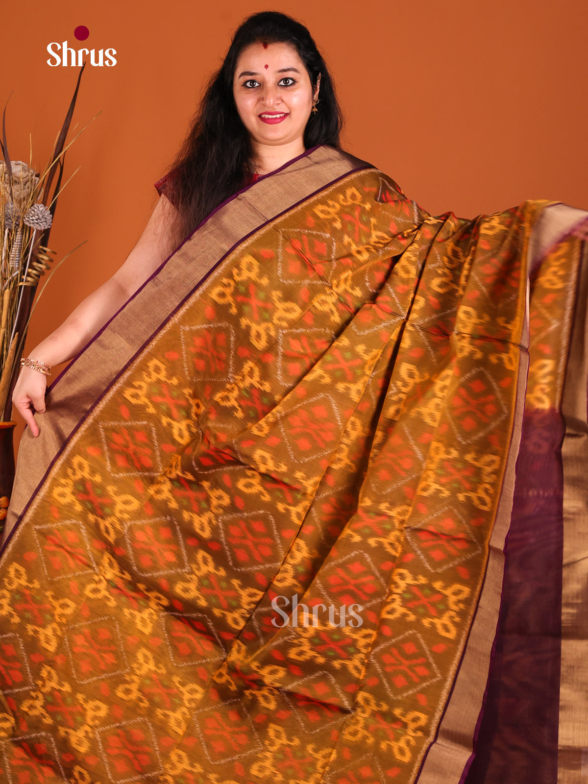 Mustard & Arakku Maroon- Pochampally sico Saree - Shop on Shrus.com