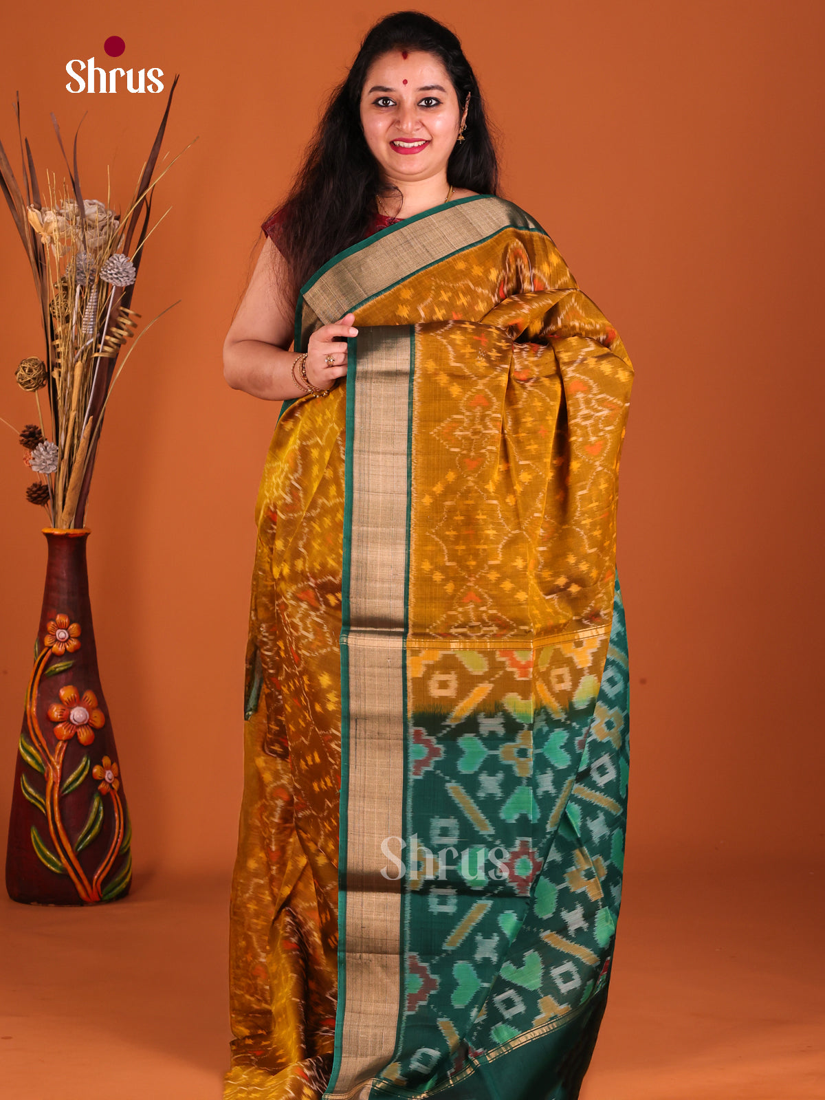 Mustard & Green - Pochampally sico Saree - Shop on Shrus.com