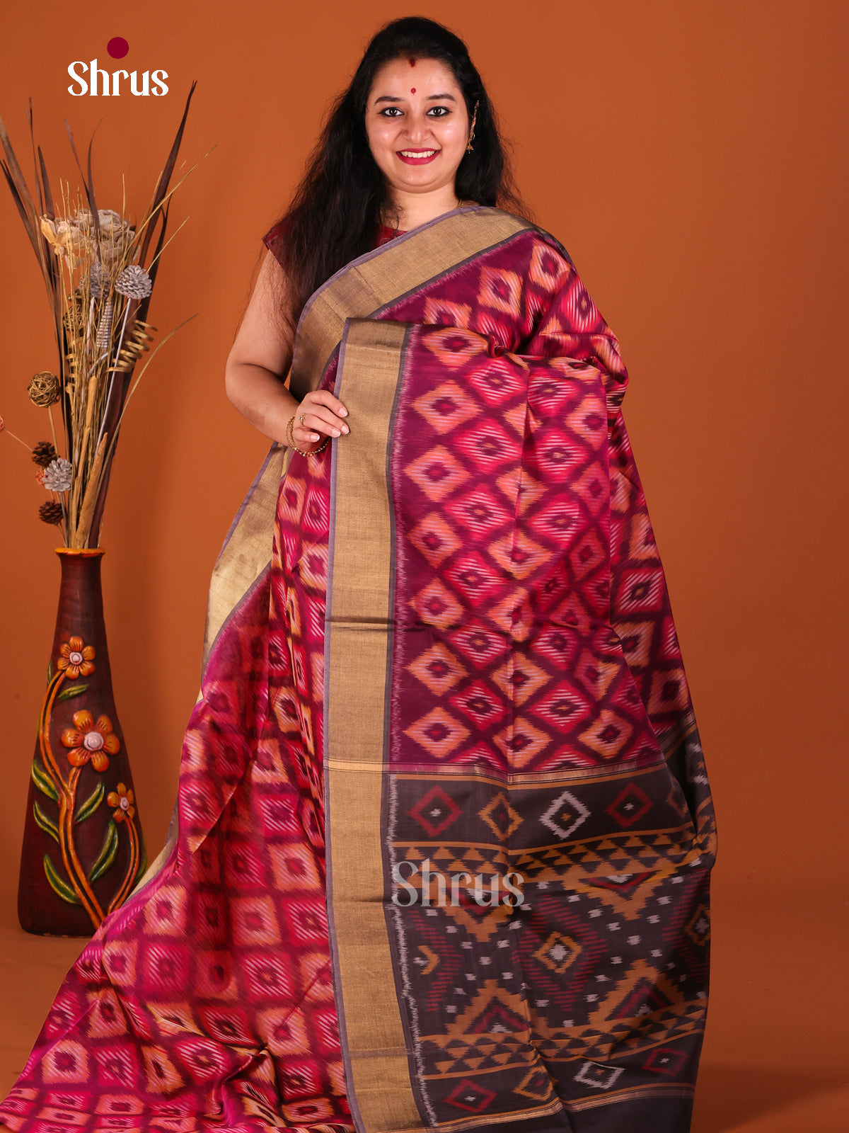 Purple & Brown Pochampally ikkat silk cotton Saree