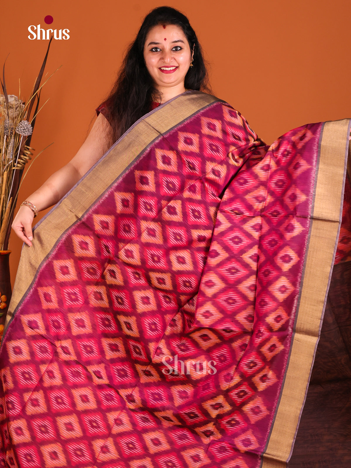 Purple & Brown Pochampally ikkat silk cotton Saree -1