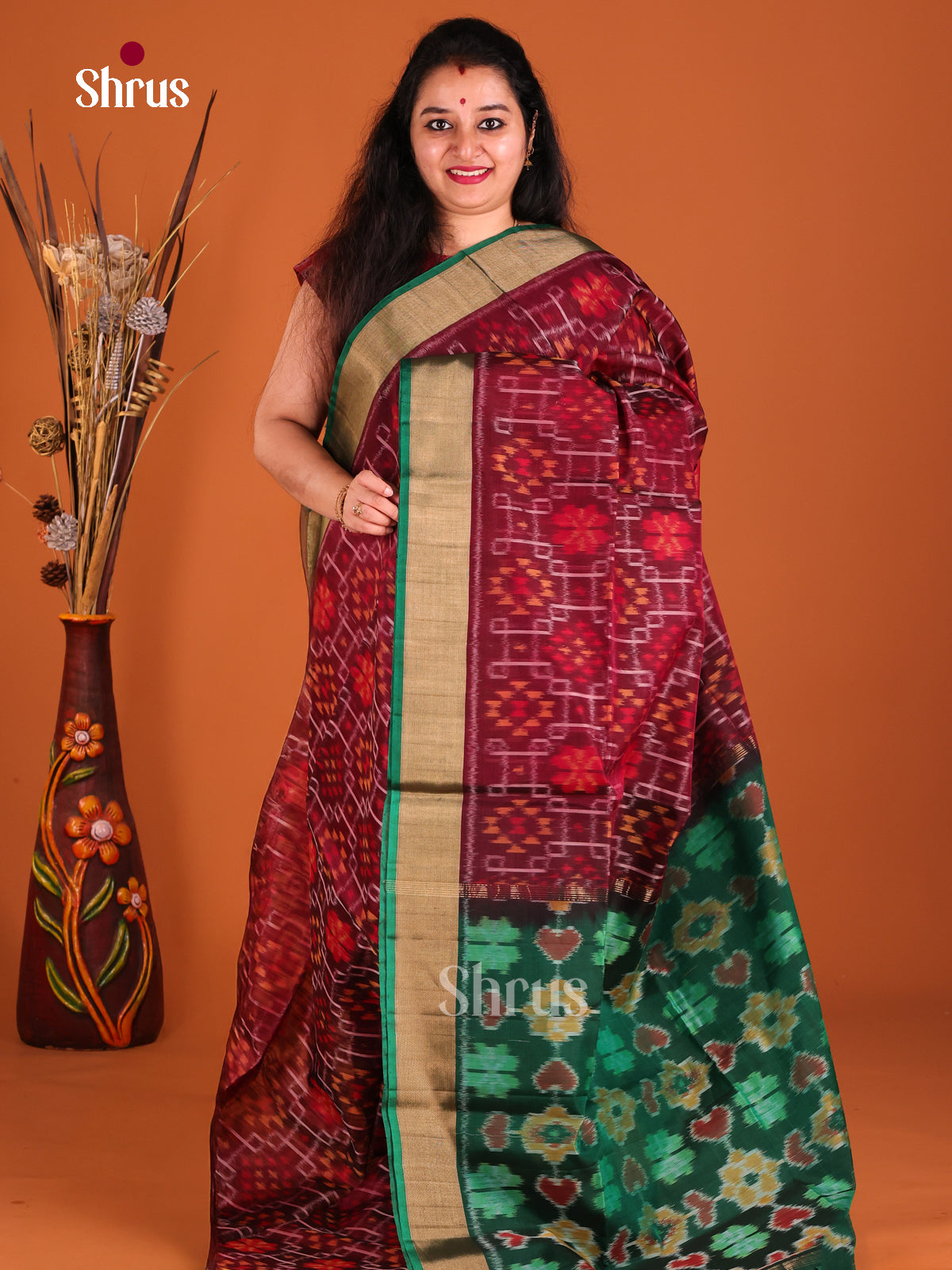 Maroon & Green - Pochampally ikkat silk cotton Saree