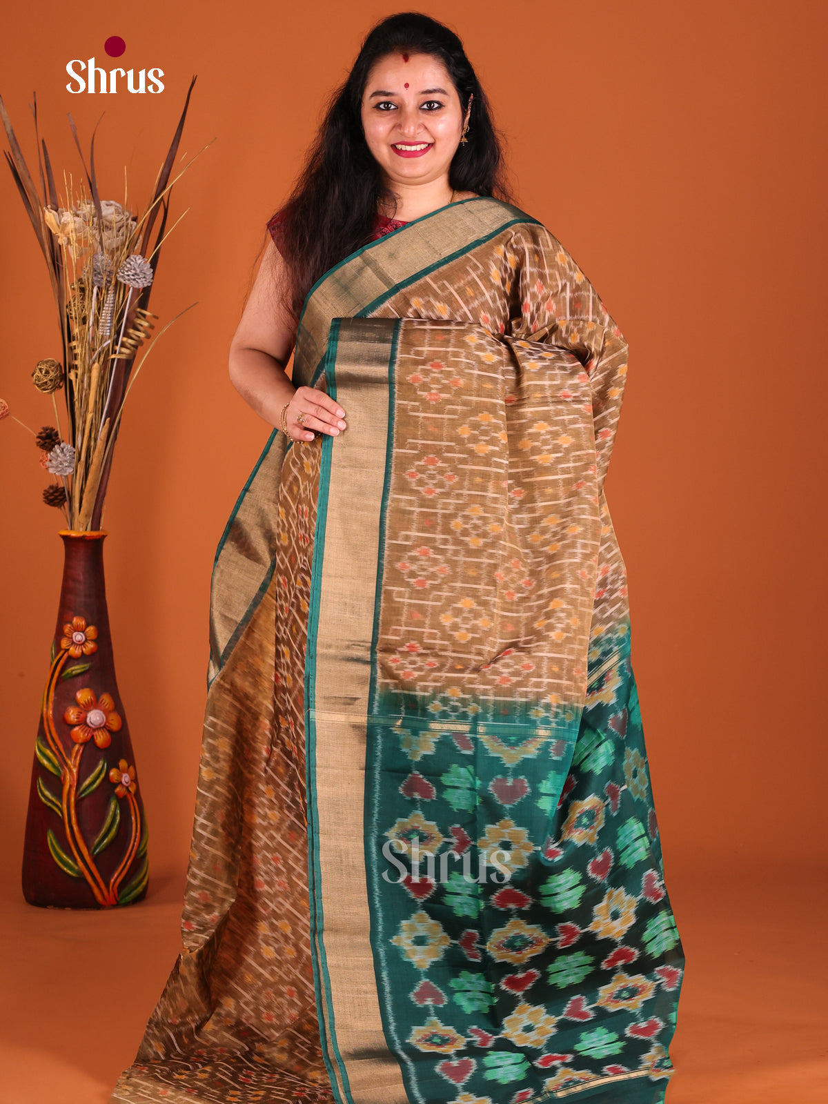 Light Brown & Green - Pochampally sico Saree - Shop on Shrus.com
