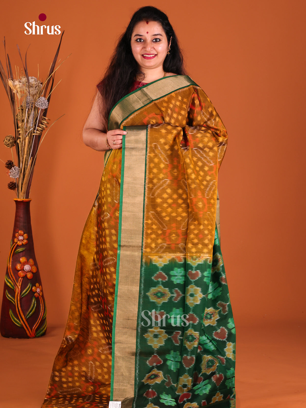 Mustard & Green - Pochampally ikkat silk cotton Saree