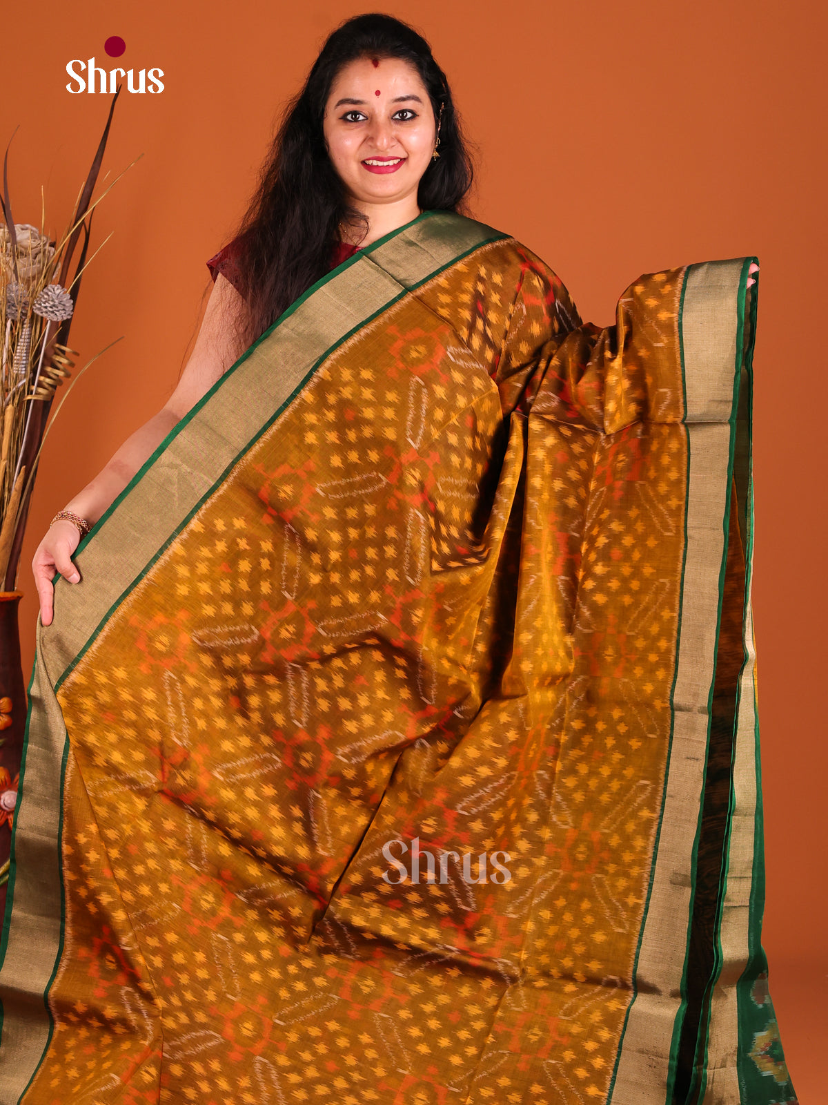 Mustard & Green - Pochampally ikkat silk cotton Saree -1