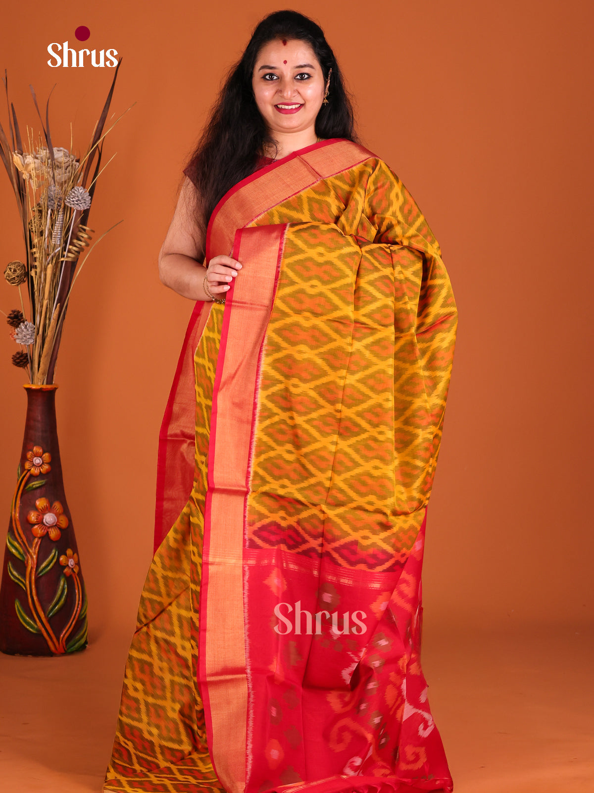 Mustard & Red- Pochampally ikkat silk cotton Saree