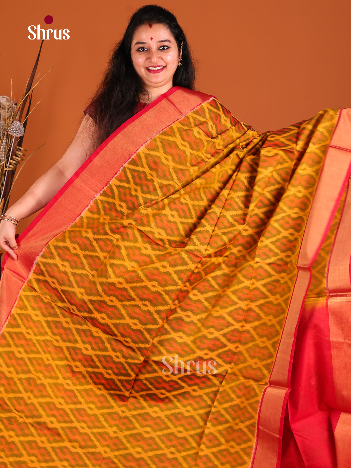 Mustard & Red- Pochampally ikkat silk cotton Saree -1