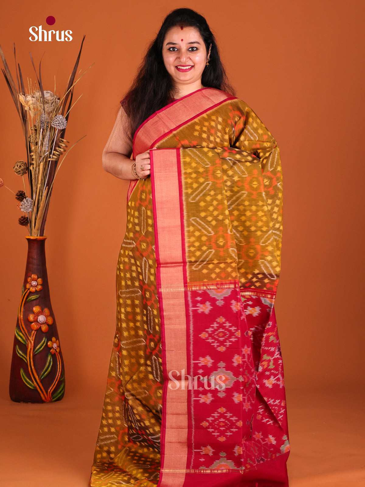 Mustard & Red Pochampally ikkat silk cotton Saree