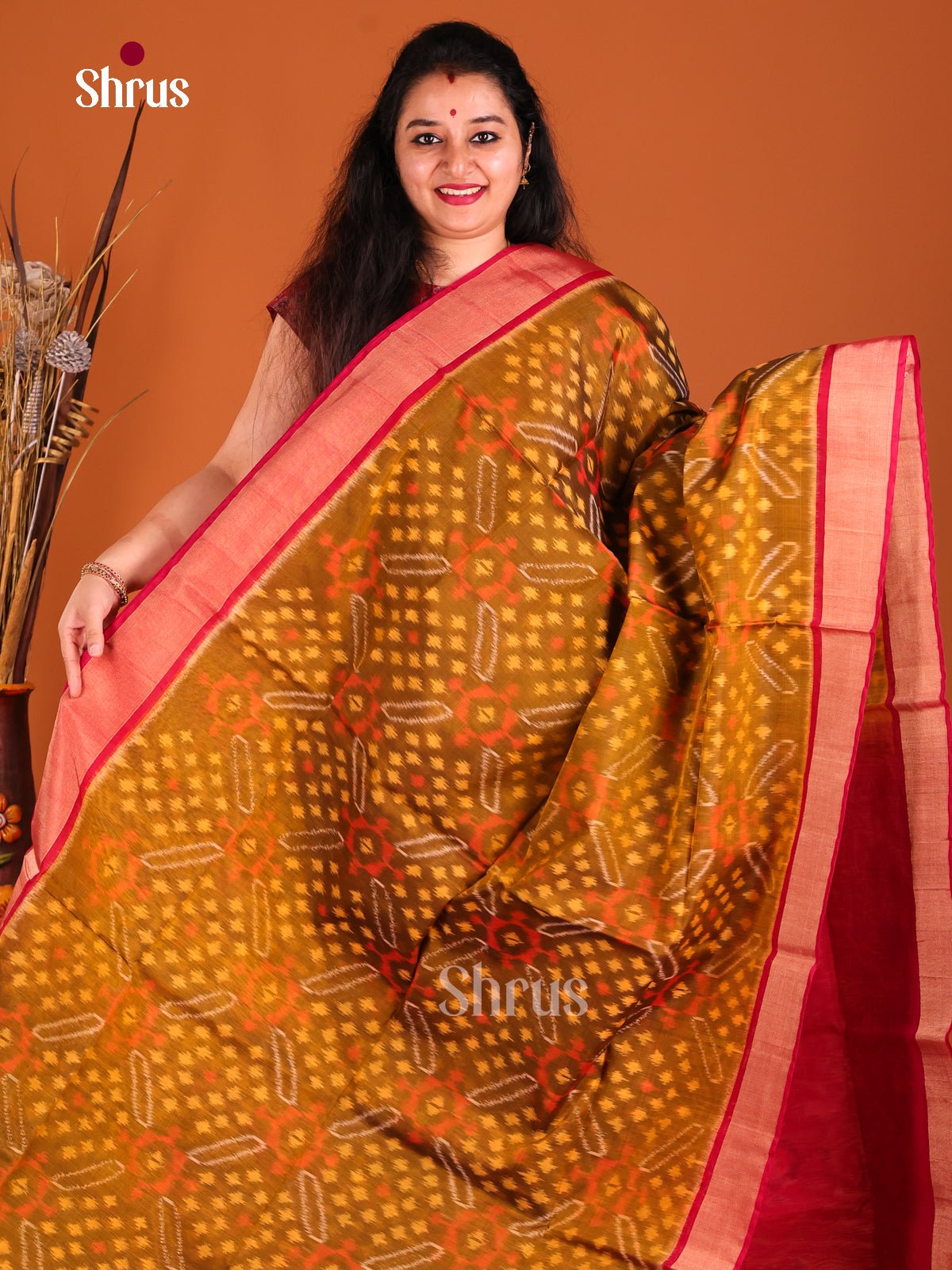 Mustard & Red Pochampally ikkat silk cotton Saree -1