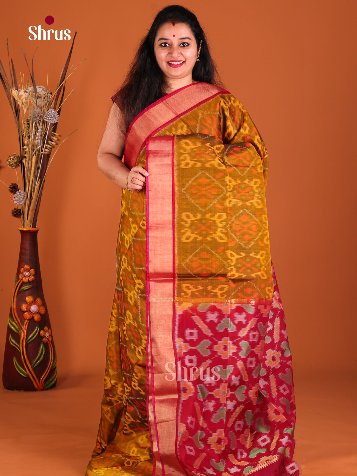 Mustard & Red - Pochampally sico Saree - Shop on Shrus.com