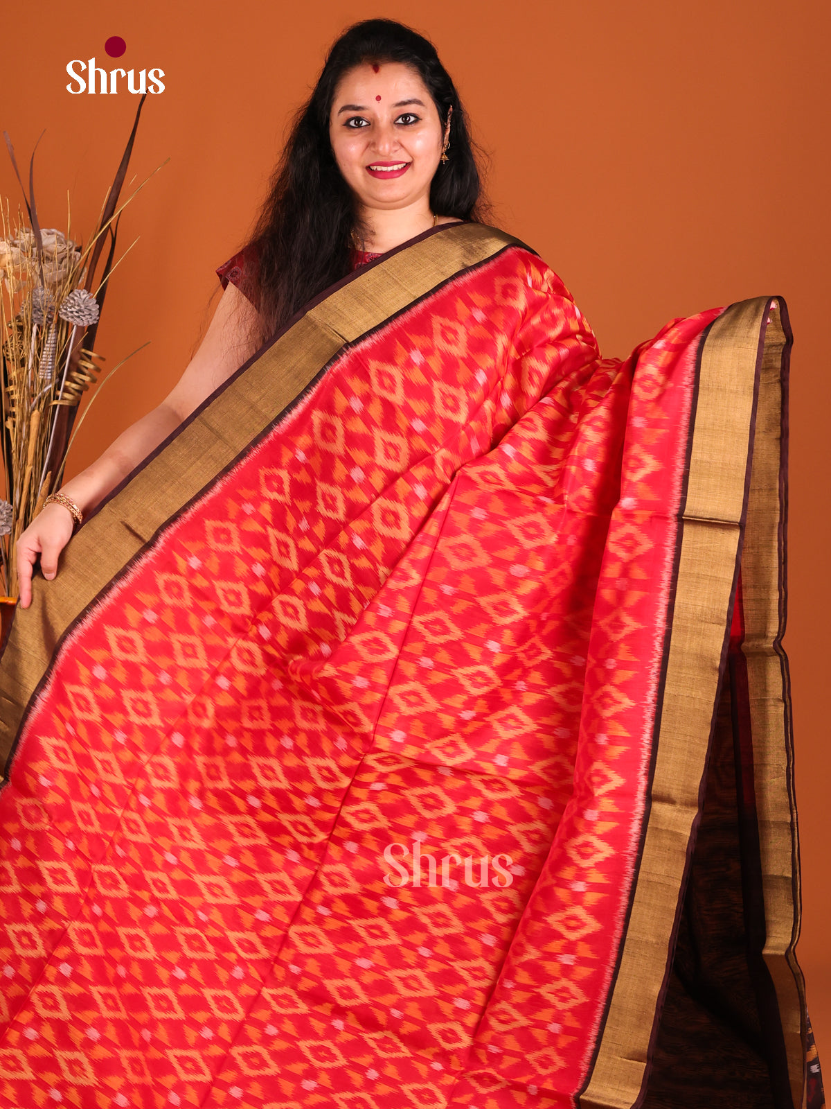 Red & Brown- Pochampally sico Saree - Shop on Shrus.com