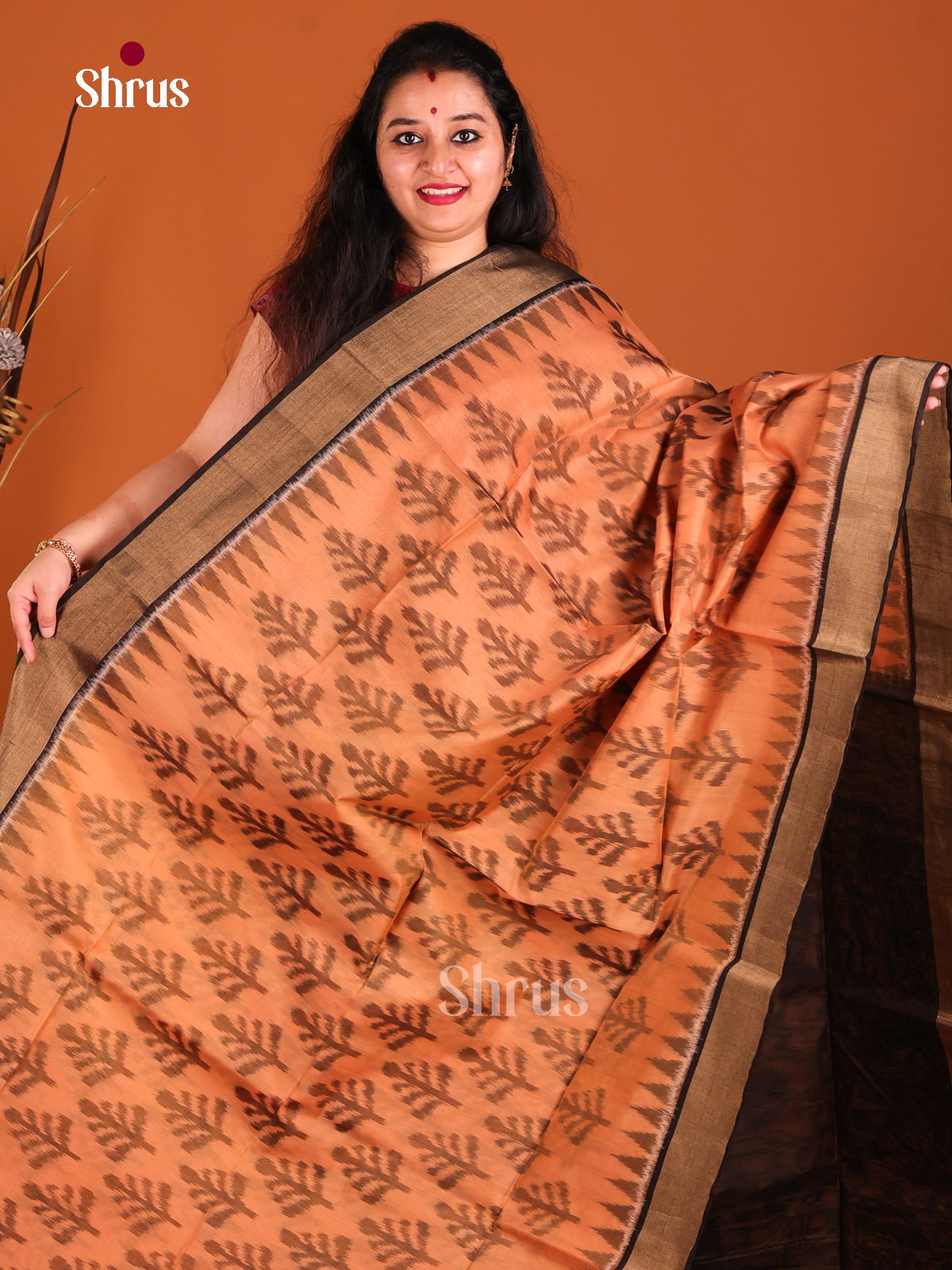 Peach & Black - Pochampally sico Saree - Shop on Shrus.com