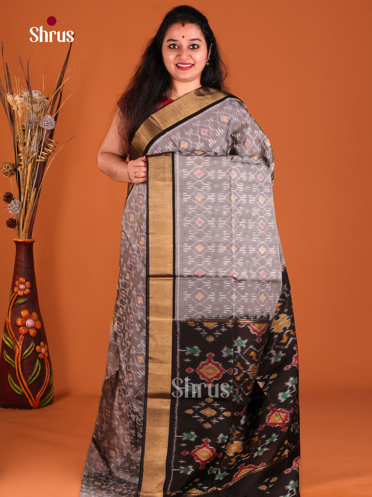 Grey & Black- Pochampally sico Saree - Shop on Shrus.com