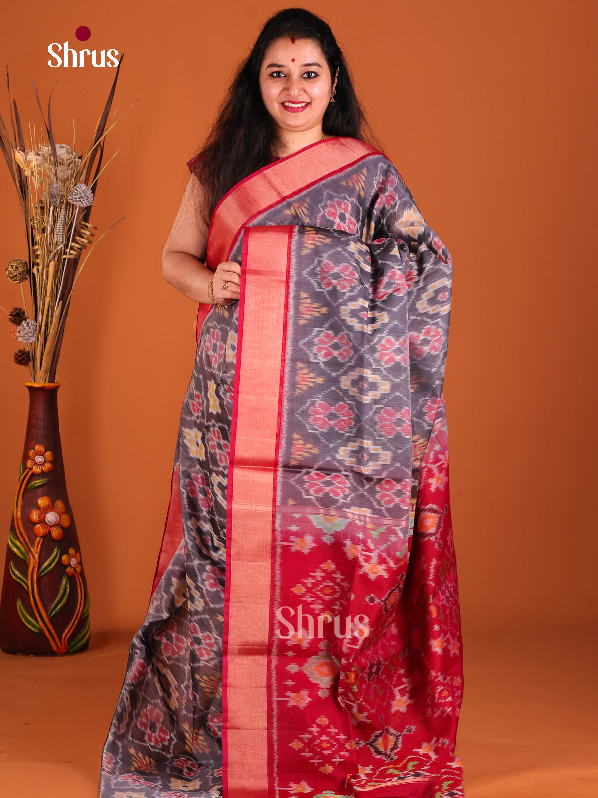 Grey & Red - Pochampally sico Saree - Shop on Shrus.com