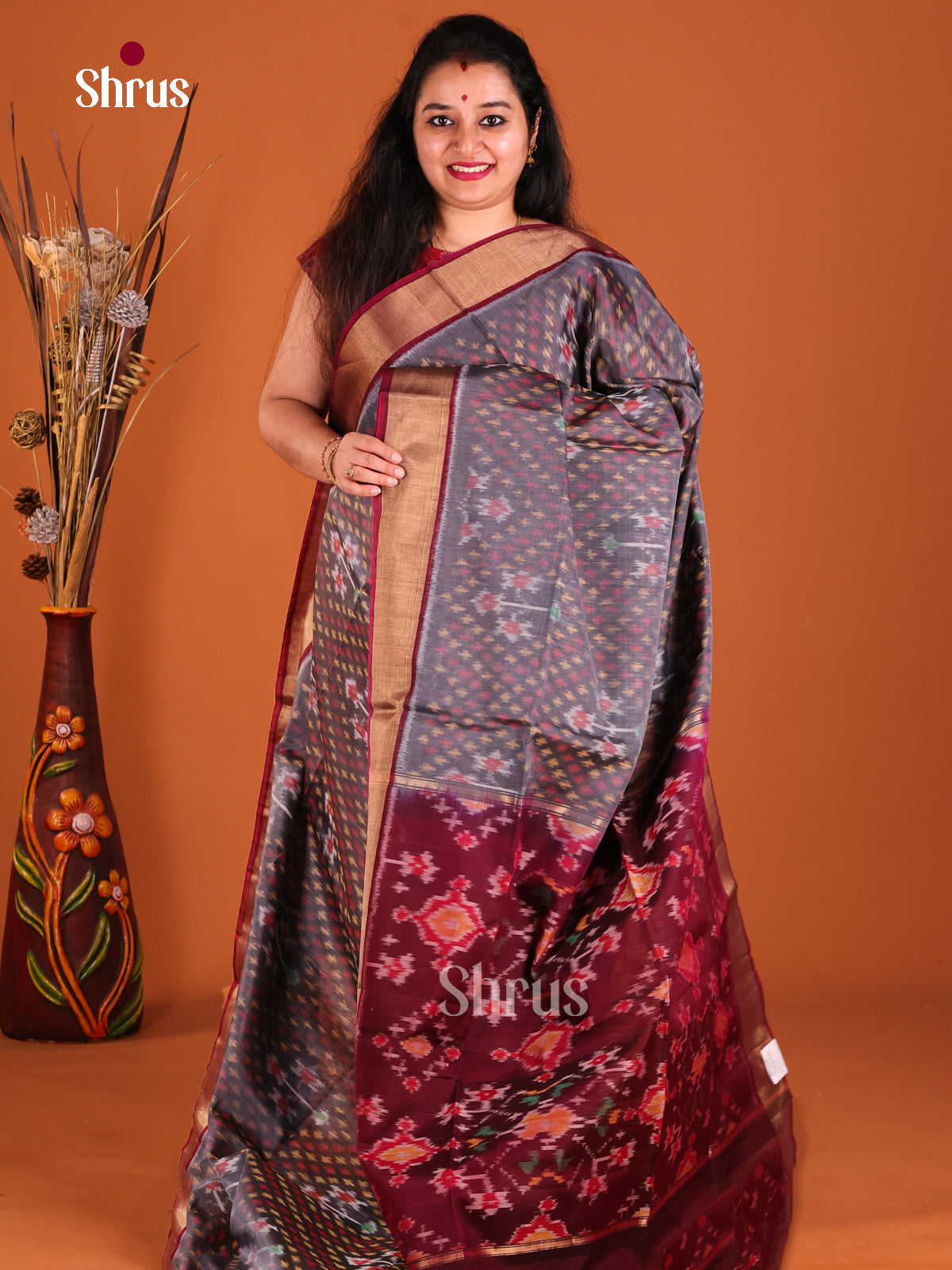 Grey & Maroon - Pochampally sico Saree - Shop on Shrus.com