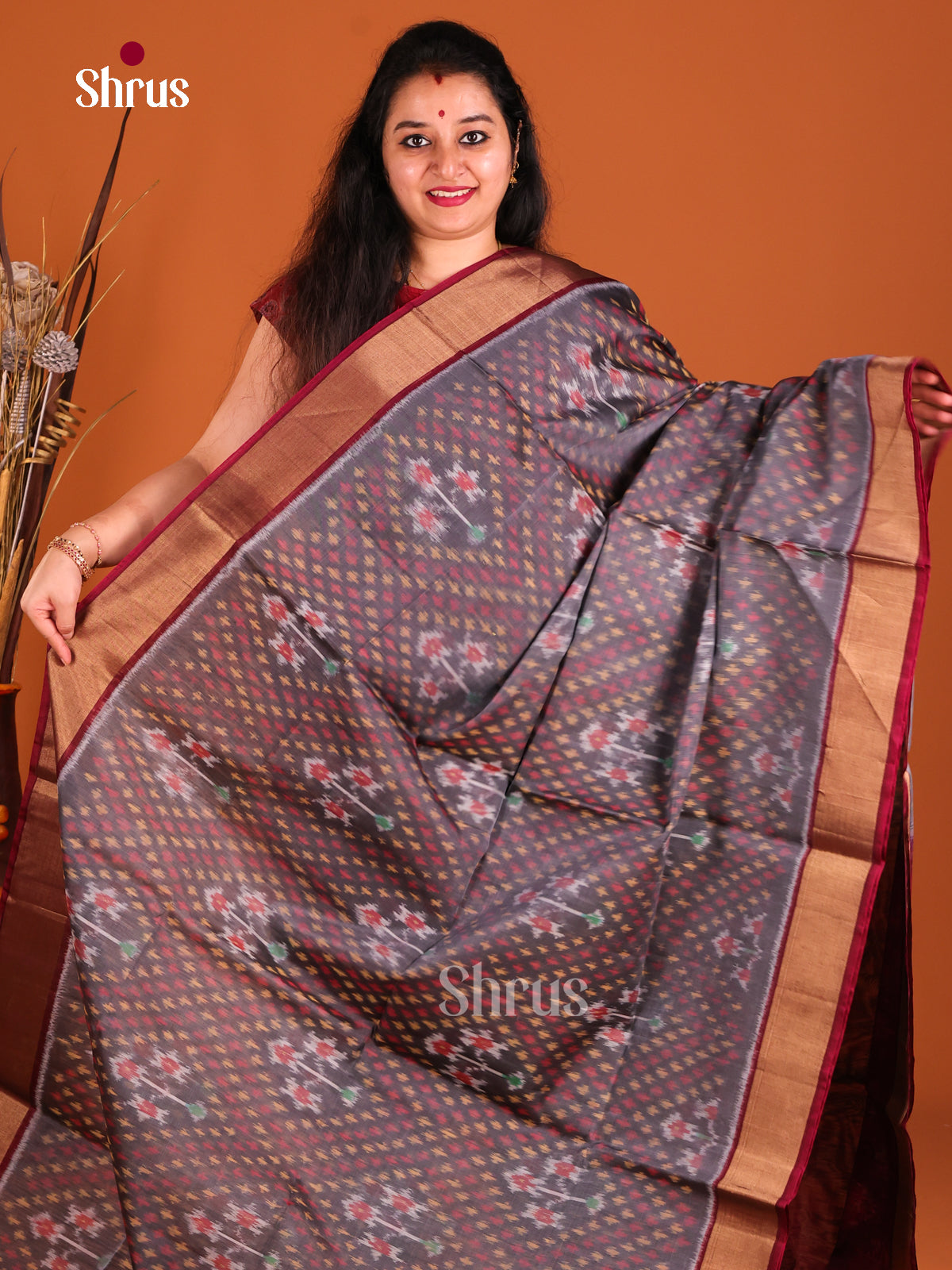 Grey & Maroon - Pochampally sico Saree - Shop on Shrus.com