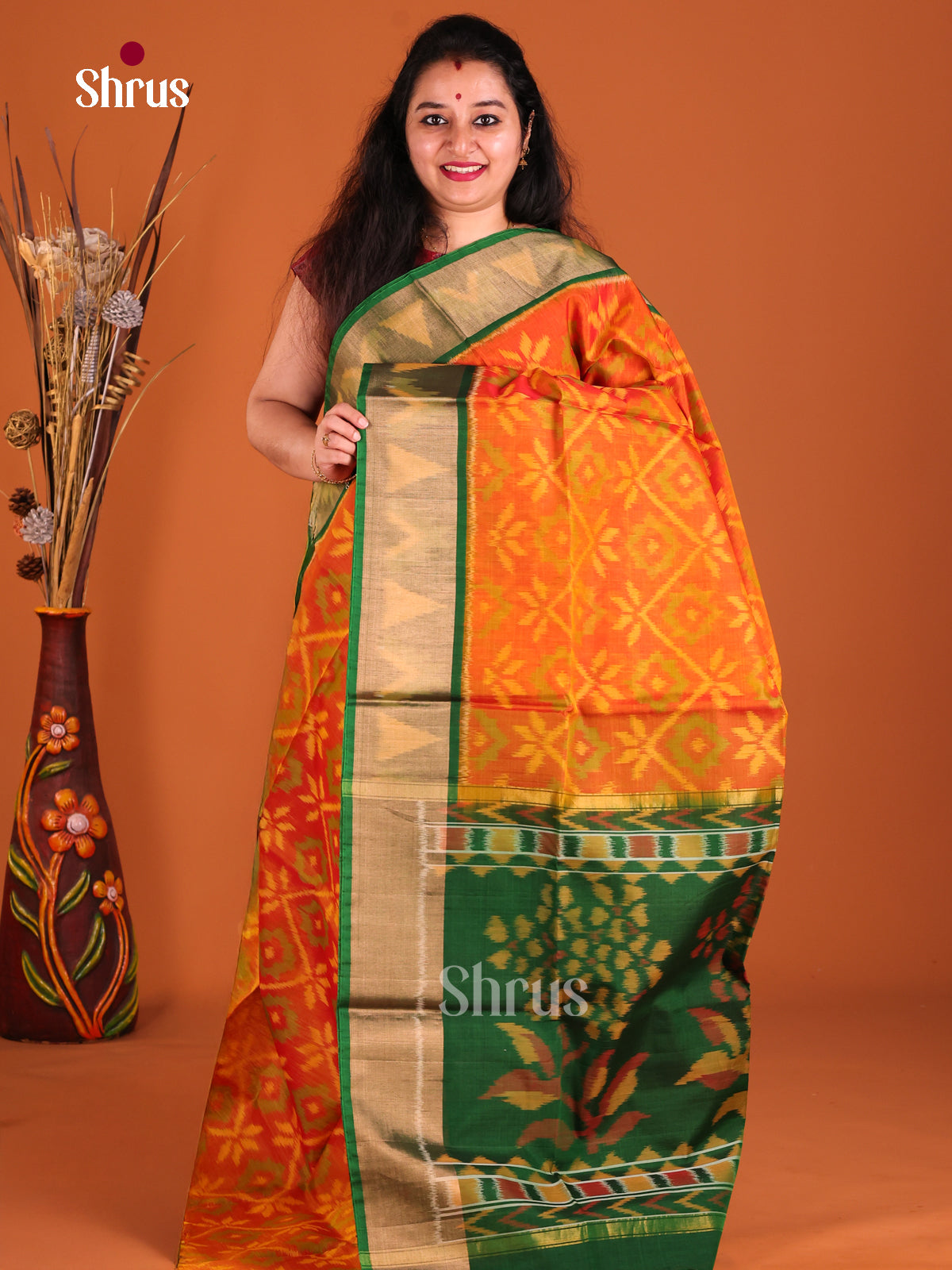 Orange & Green - Pochampally sico Saree - Shop on Shrus.com