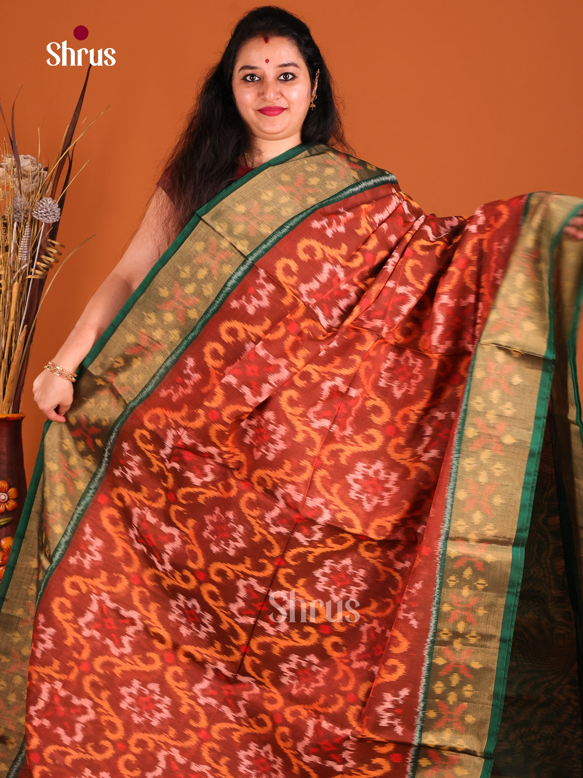 Rust & Green Pochampally ikkat silk cotton Saree -1