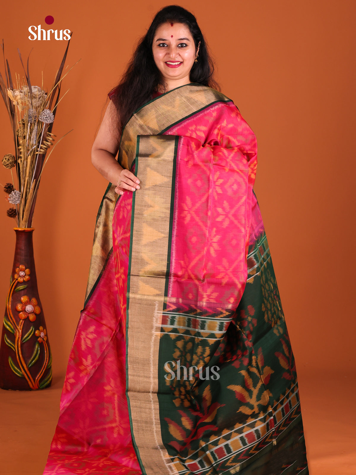 Pink & Green - Pochampally sico Saree - Shop on Shrus.com