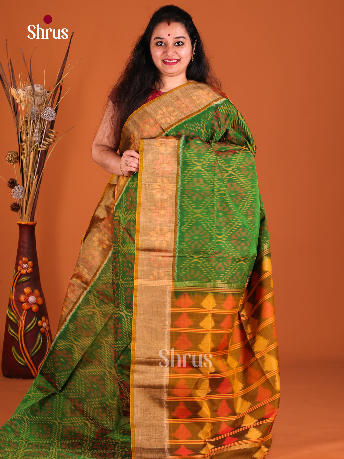 Green & Mustard - Pochampally sico Saree - Shop on Shrus.com