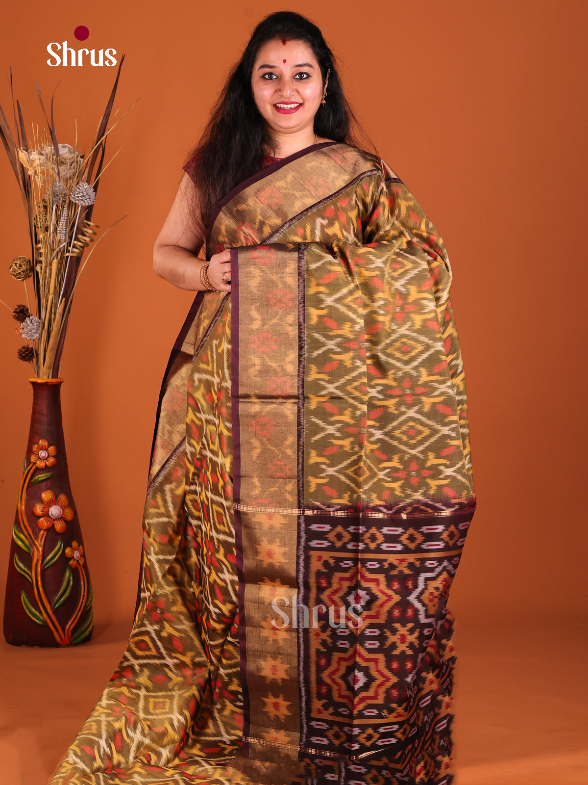 Chutney Green & brown - Pochampally sico Saree