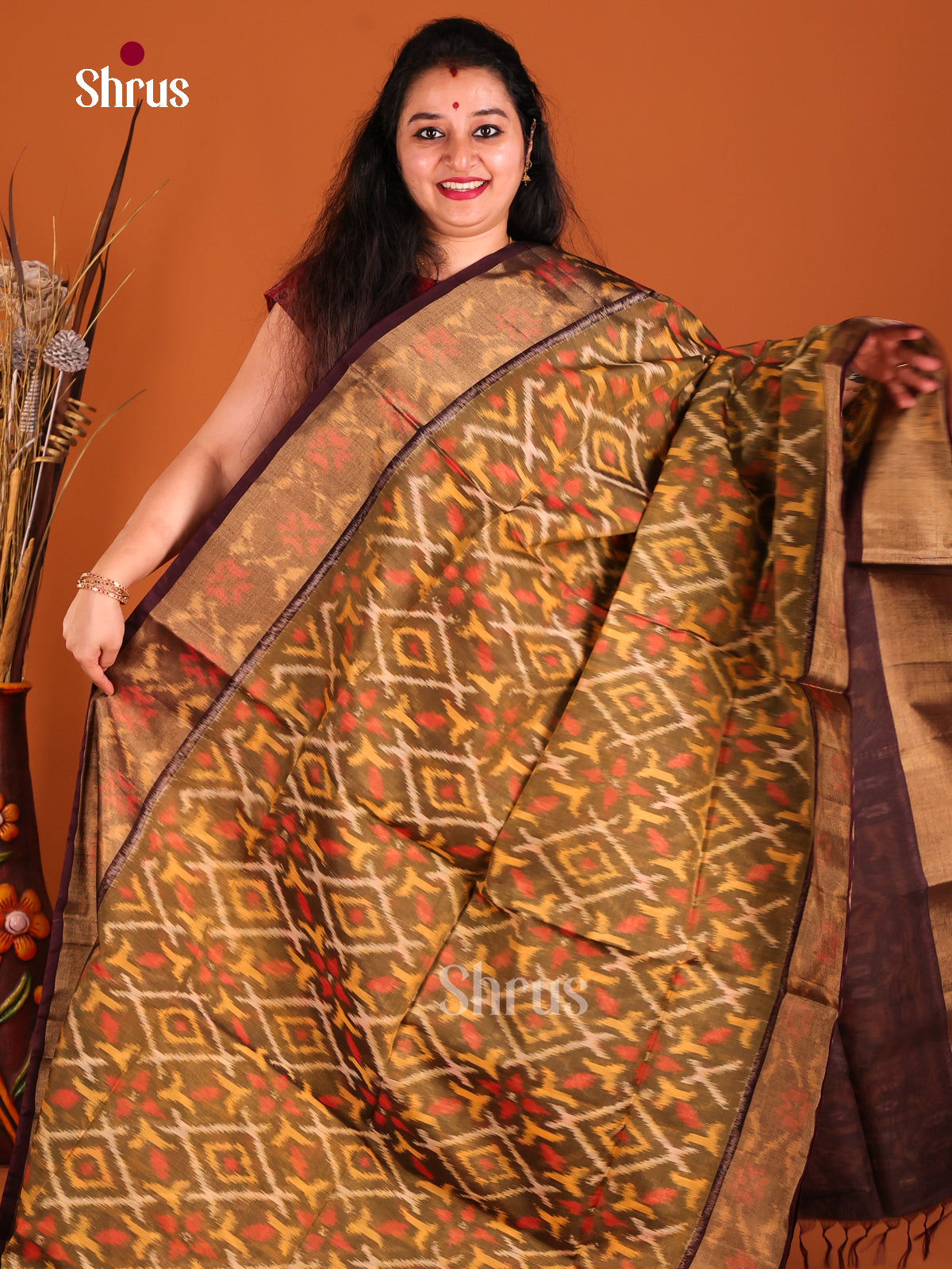 Chutney Green & brown - Pochampally sico Saree