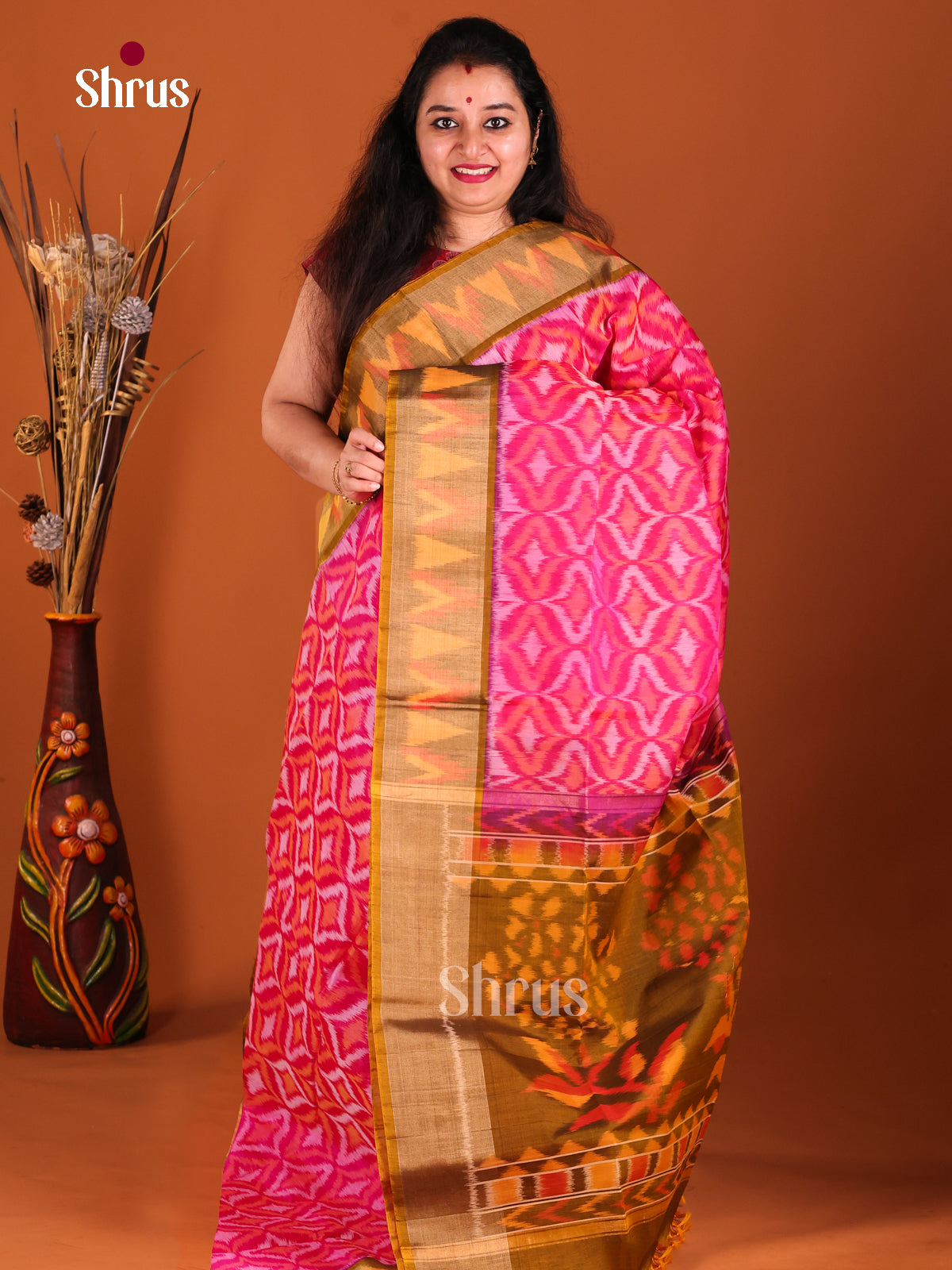 Pink & Mustard - Pochampally ikkat silk cotton Saree