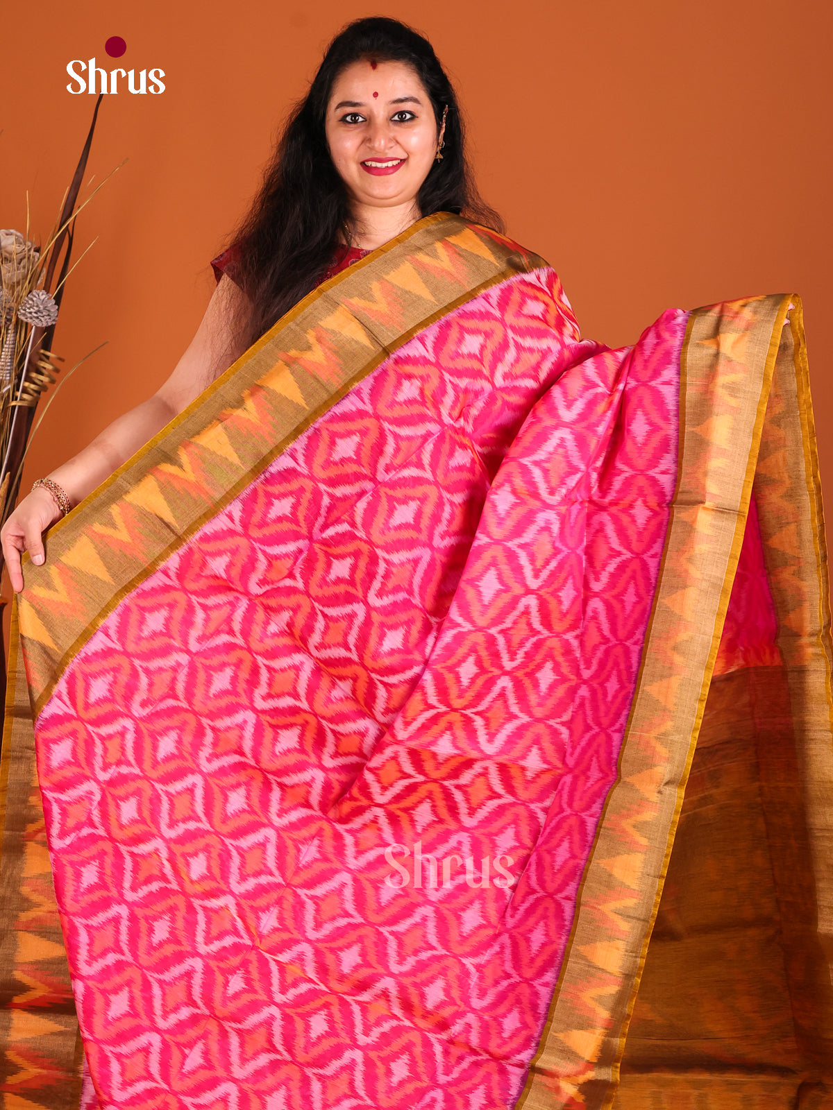 Pink & Mustard - Pochampally ikkat silk cotton Saree -1