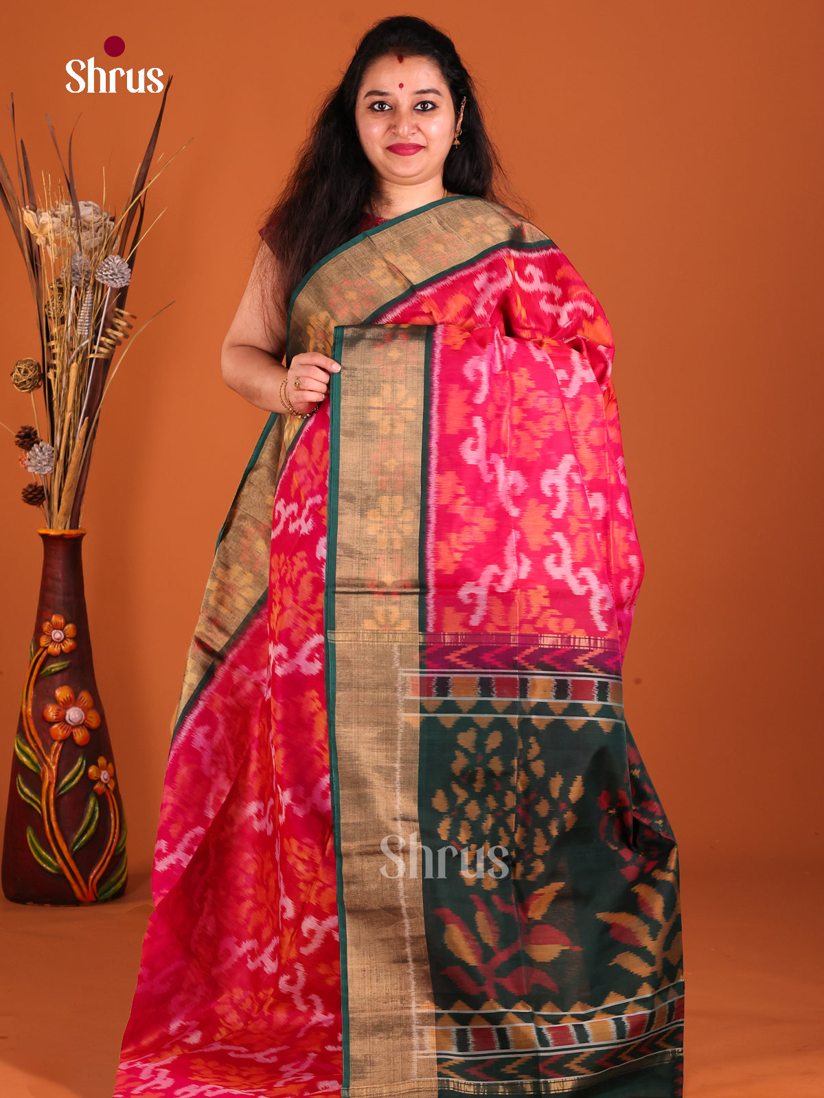 Pink & Green - Pochampally sico Saree - Shop on Shrus.com