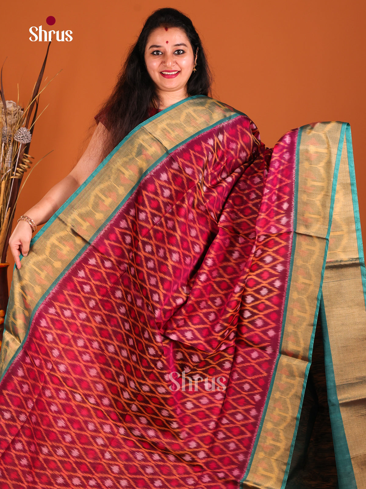 Maroon & Green Pochampally ikkat silk cotton Saree -1