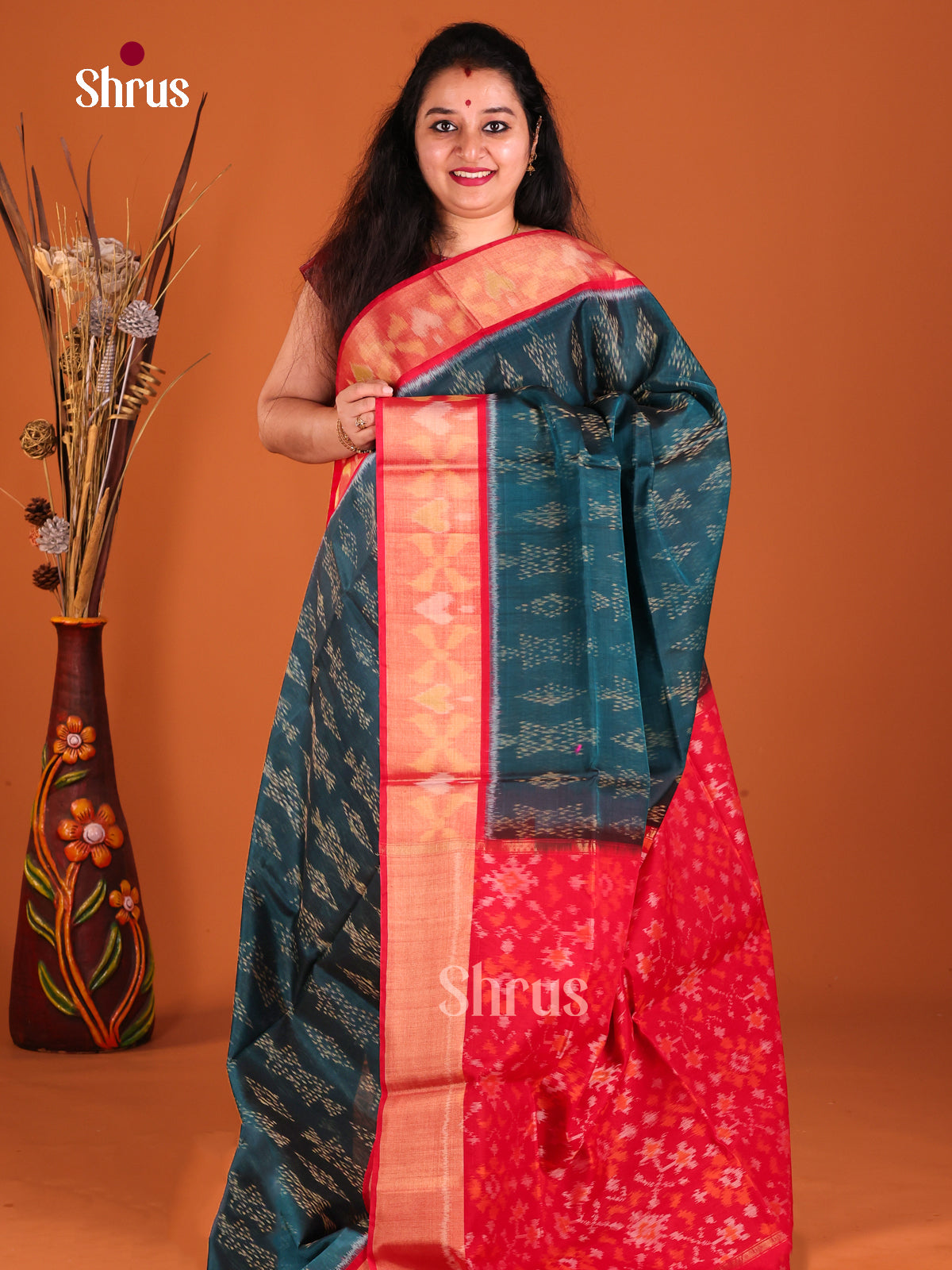 Peacock Green & Red - Pochampally sico Saree - Shop on Shrus.com