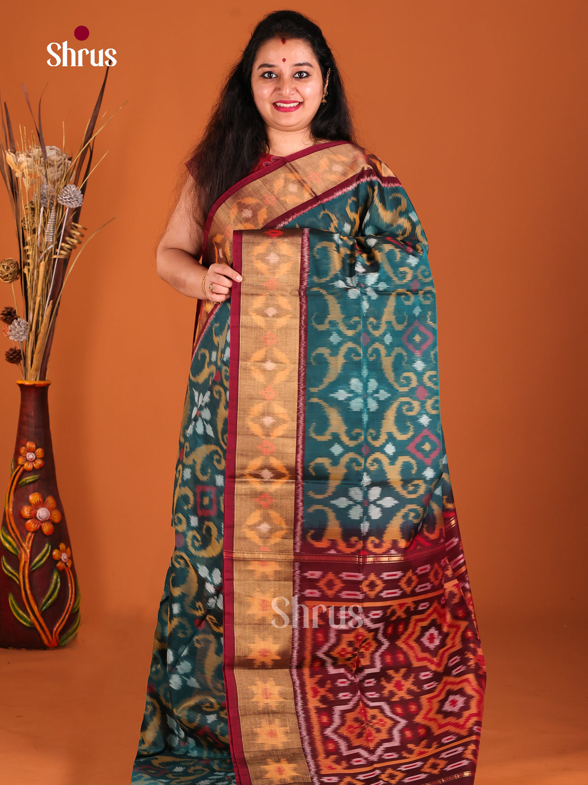 Peacock Green & Maroon - Pochampally sico Saree - Shop on Shrus.com