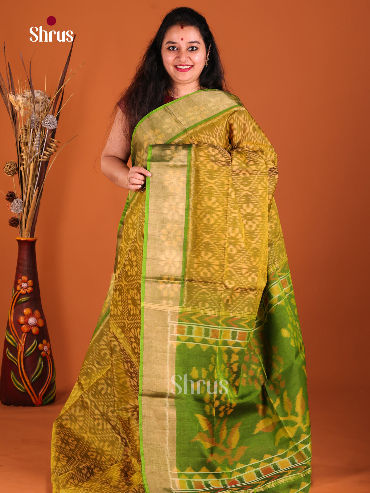 Mustard & Light Green- Pochampally sico Saree - Shop on Shrus.com
