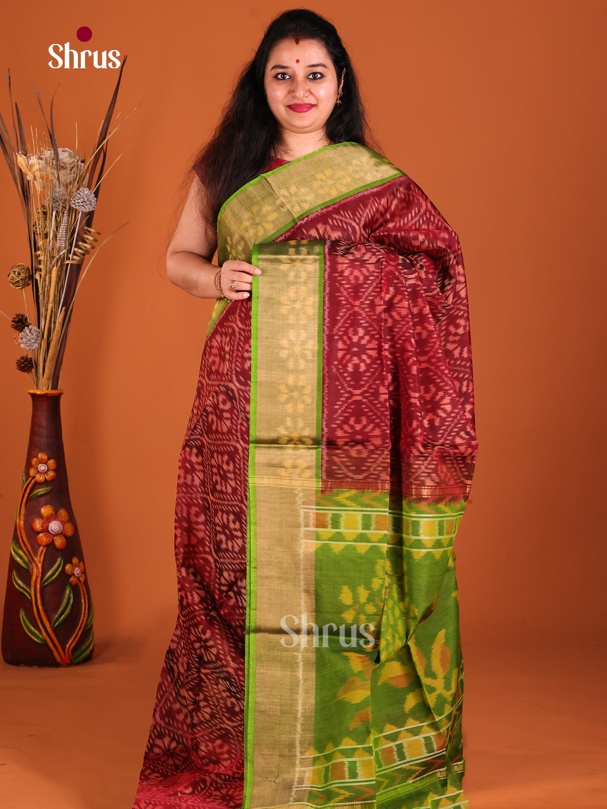 Maroon & Light Green - Pochampally sico Saree - Shop on Shrus.com
