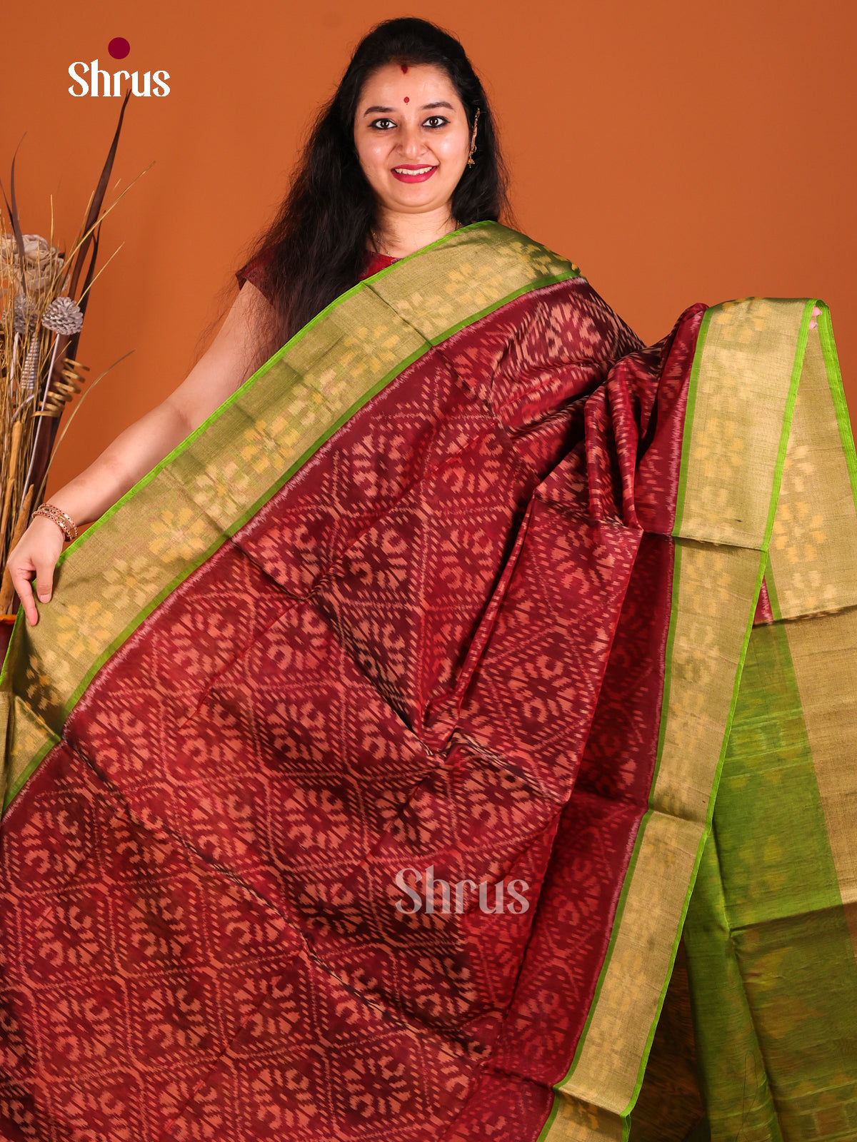 Maroon & Light Green - Pochampally sico Saree - Shop on Shrus.com