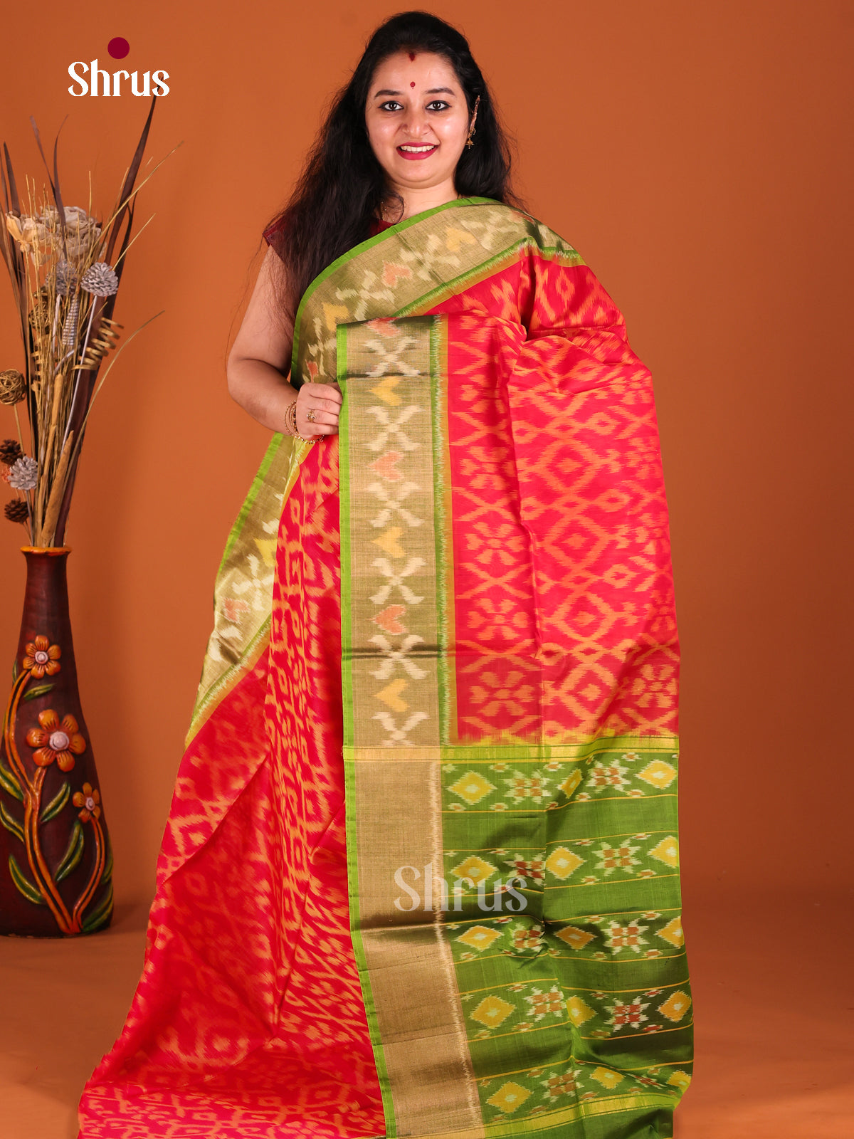 Red & Green - Pochampally sico Saree - Shop on Shrus.com