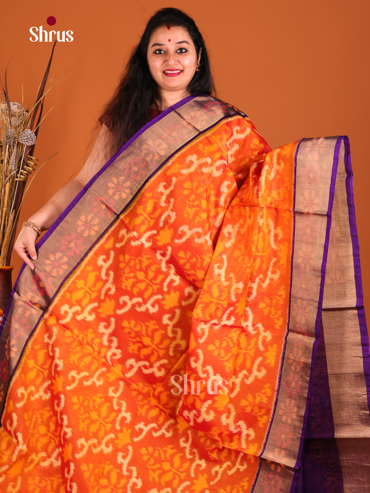 Orange & Violet- Pochampally sico Saree - Shop on Shrus.com