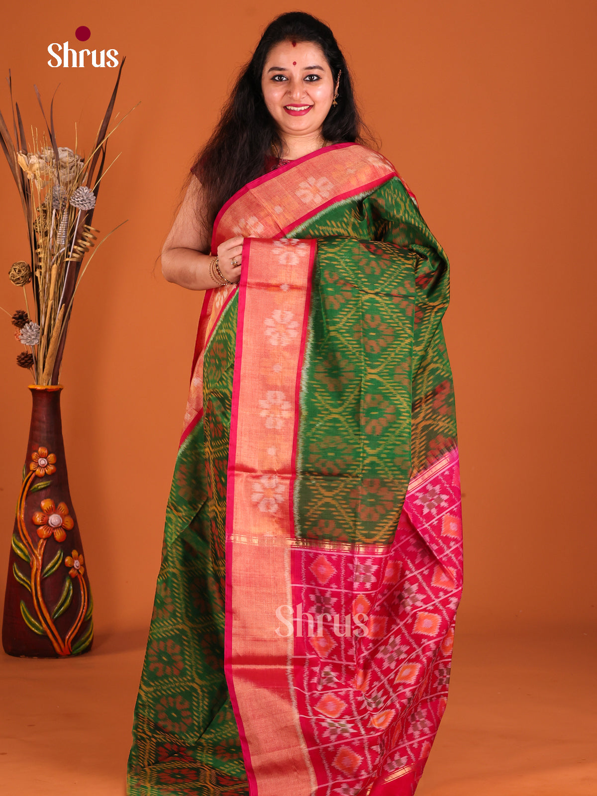 Green & Pink - Pochampally sico Saree - Shop on Shrus.com