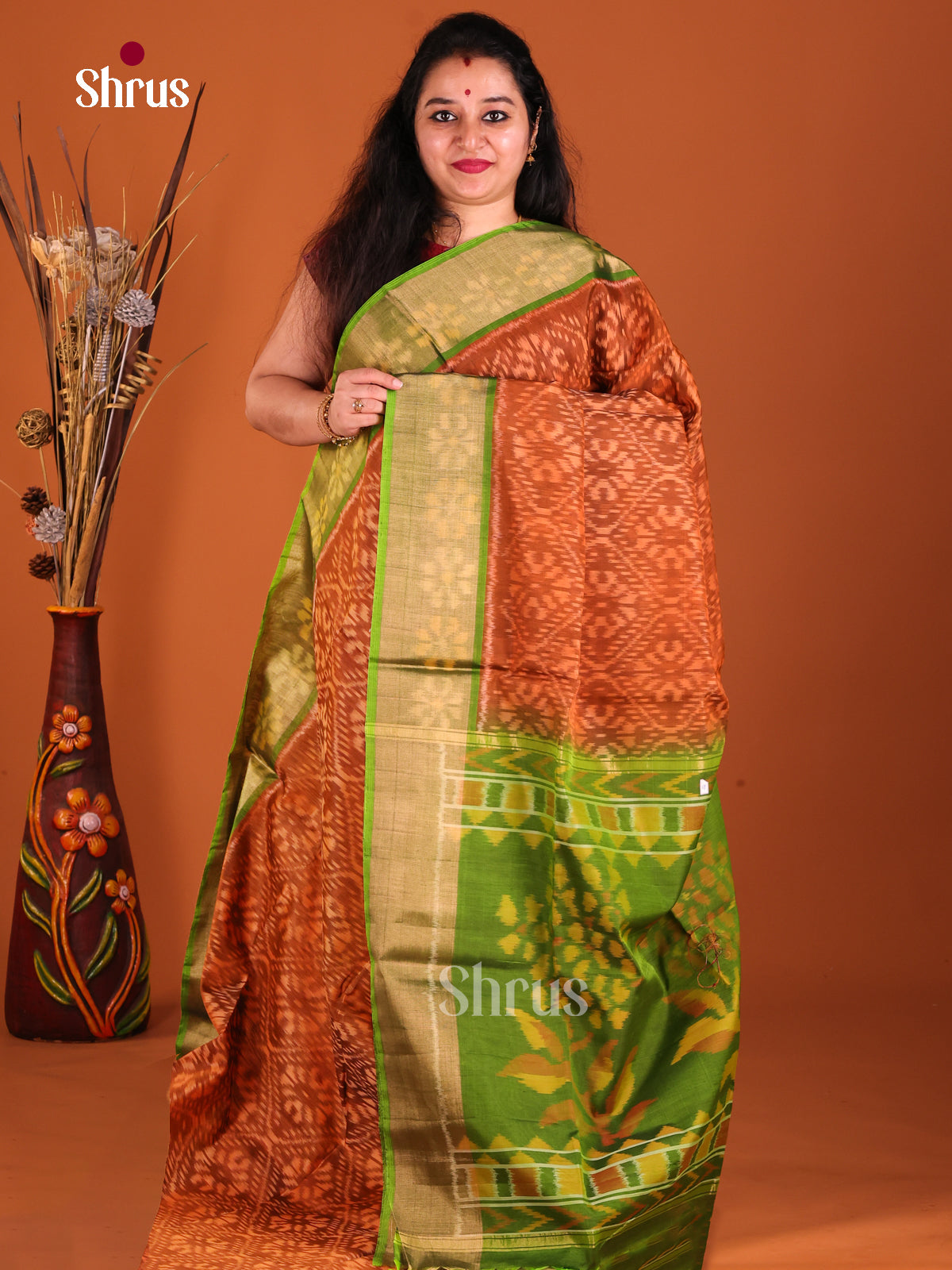 Rust & Green - Pochampally sico Saree - Shop on Shrus.com