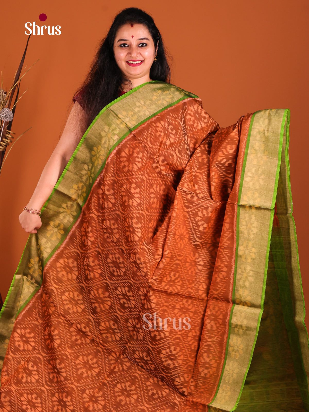 Rust & Green - Pochampally sico Saree - Shop on Shrus.com