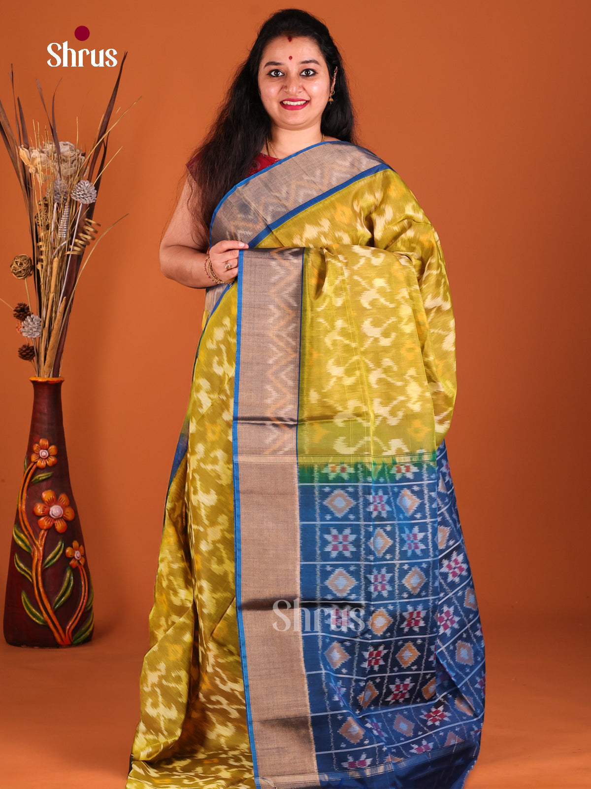 Mustardy Green & Blue- Pochampally sico Saree - Shop on Shrus.com