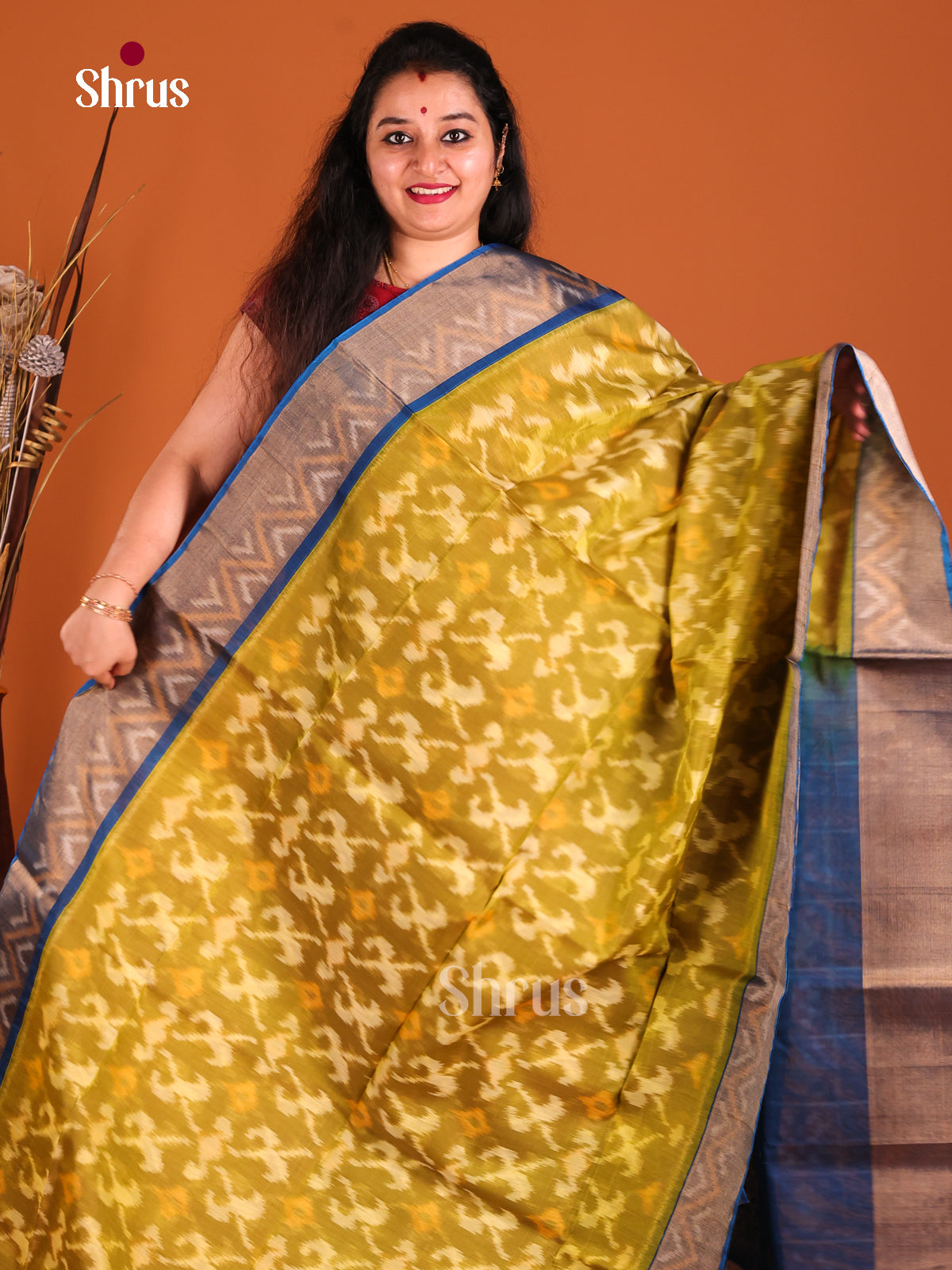 Mustardy Green & Blue- Pochampally sico Saree - Shop on Shrus.com