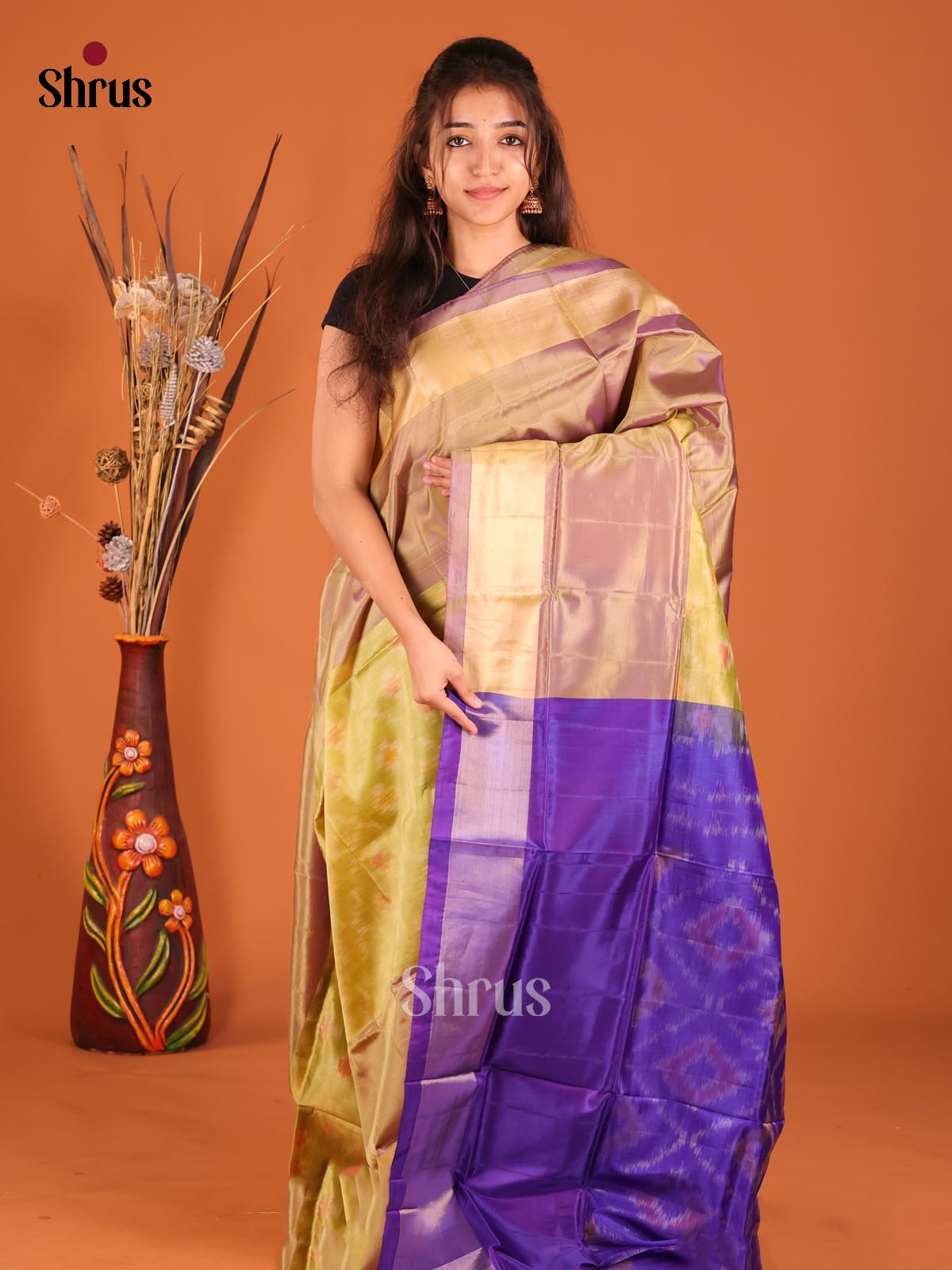 Lime Green & Purple - Semi uppada Saree - Shop on Shrus.com