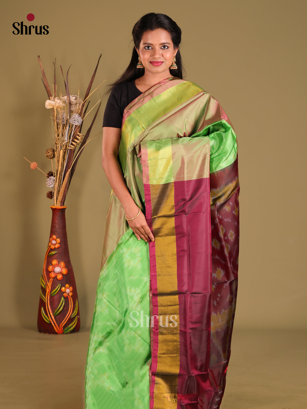 Green & Maroon - Semi uppada Saree - Shop on Shrus.com