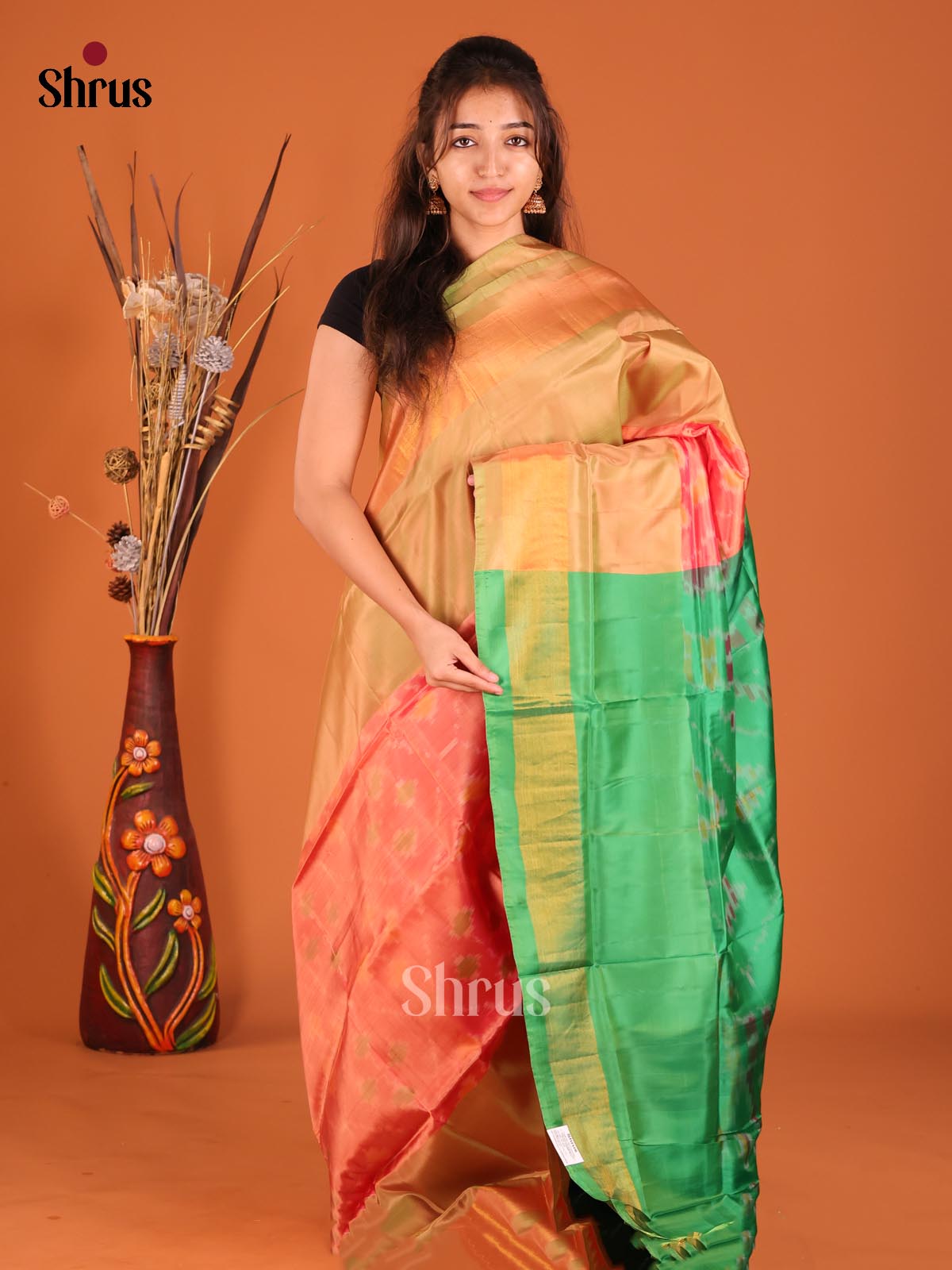 orange & Green - Semi uppada Saree - Shop on Shrus.com