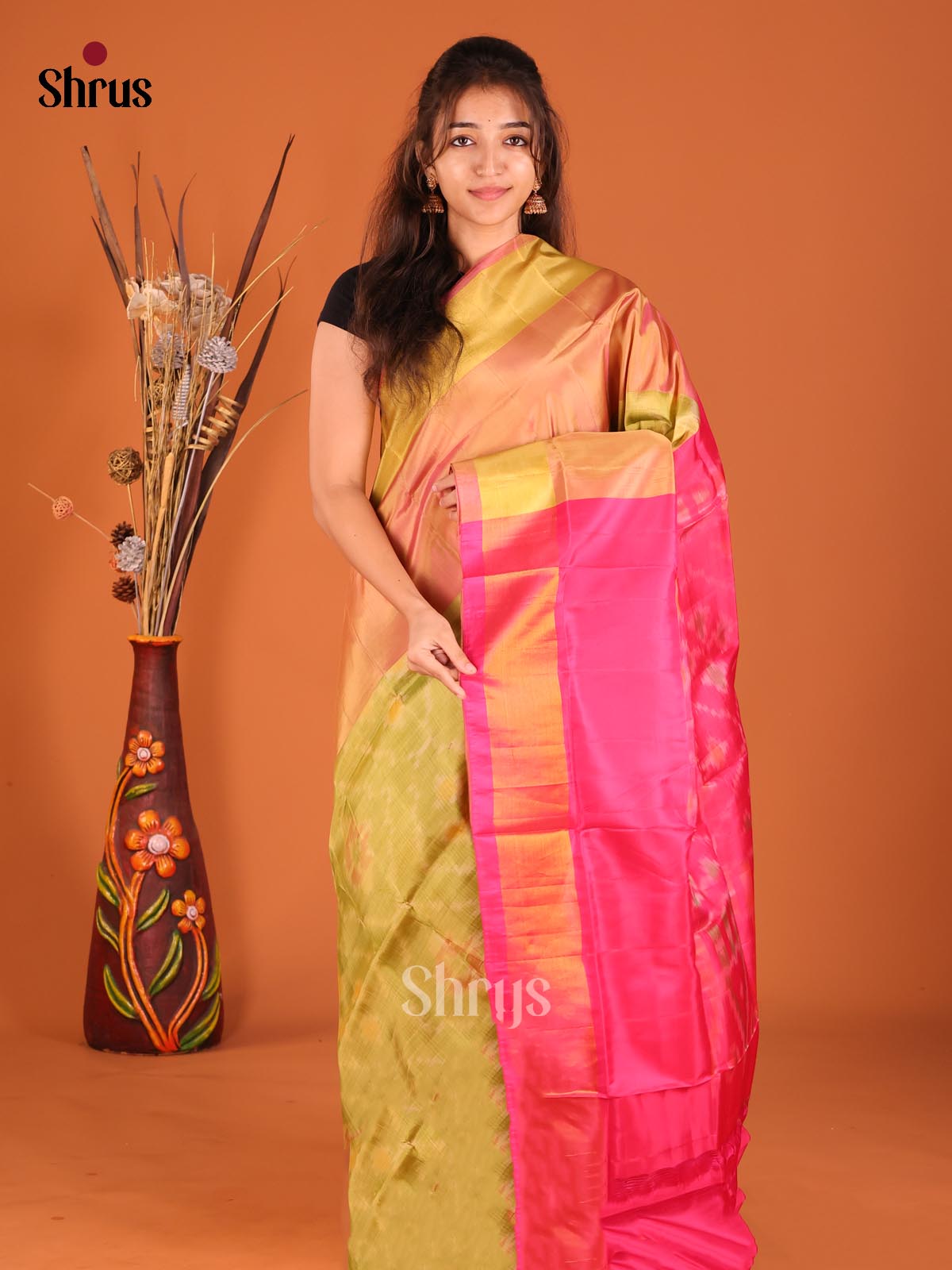 Green & Pink - Semi uppada Saree - Shop on Shrus.com